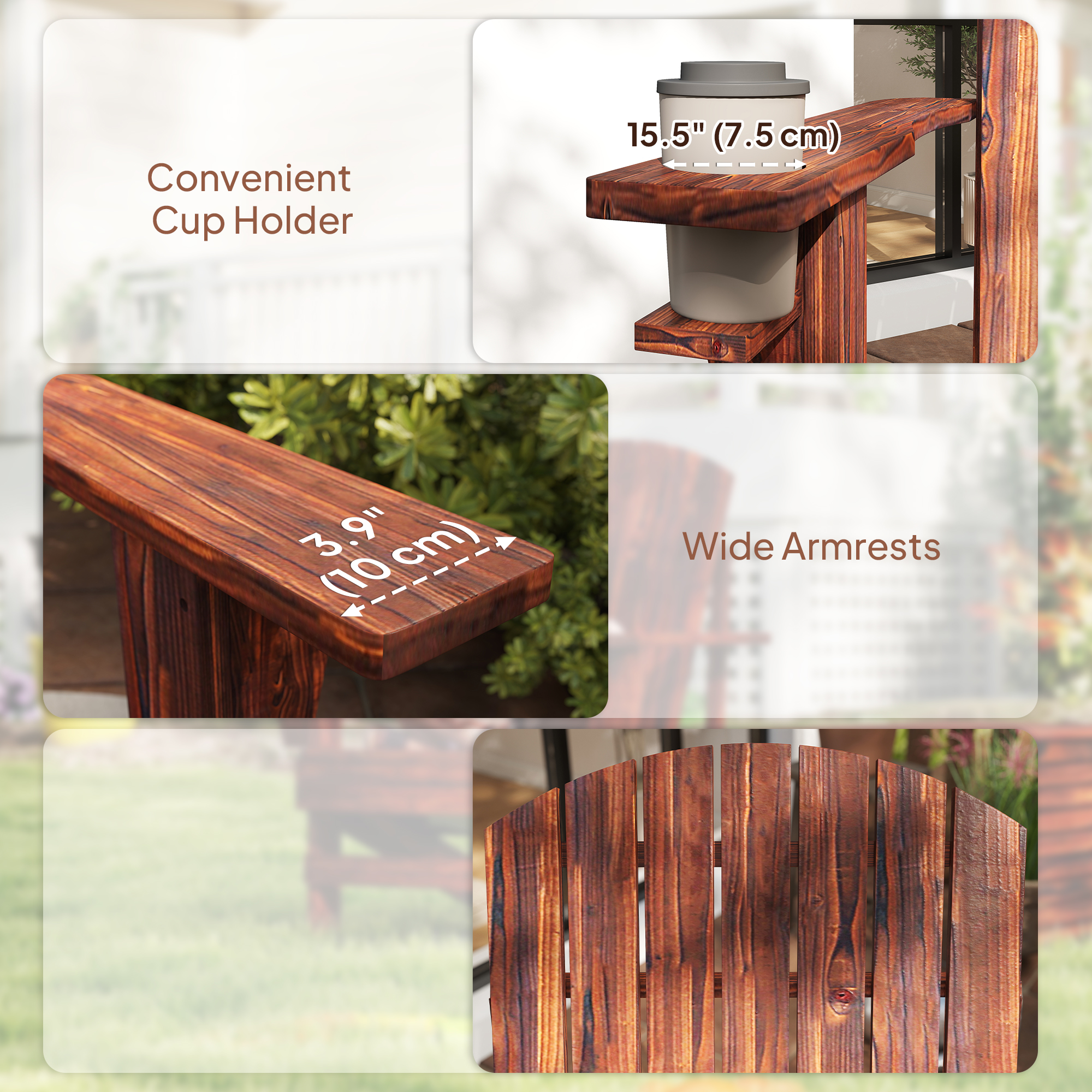 Classic Adirondack Chair Muskoka Chair, Garden Deck Chair with Cup Holder for Patio, Indoor, Backyard, Brown - Image 5