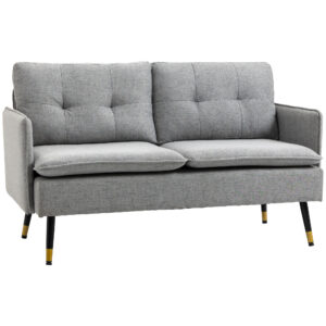 55" Loveseat Sofa, Linen Love Seat w/ S spring, Steel Legs and Button Tufting, Small Couch for Living Room, Grey