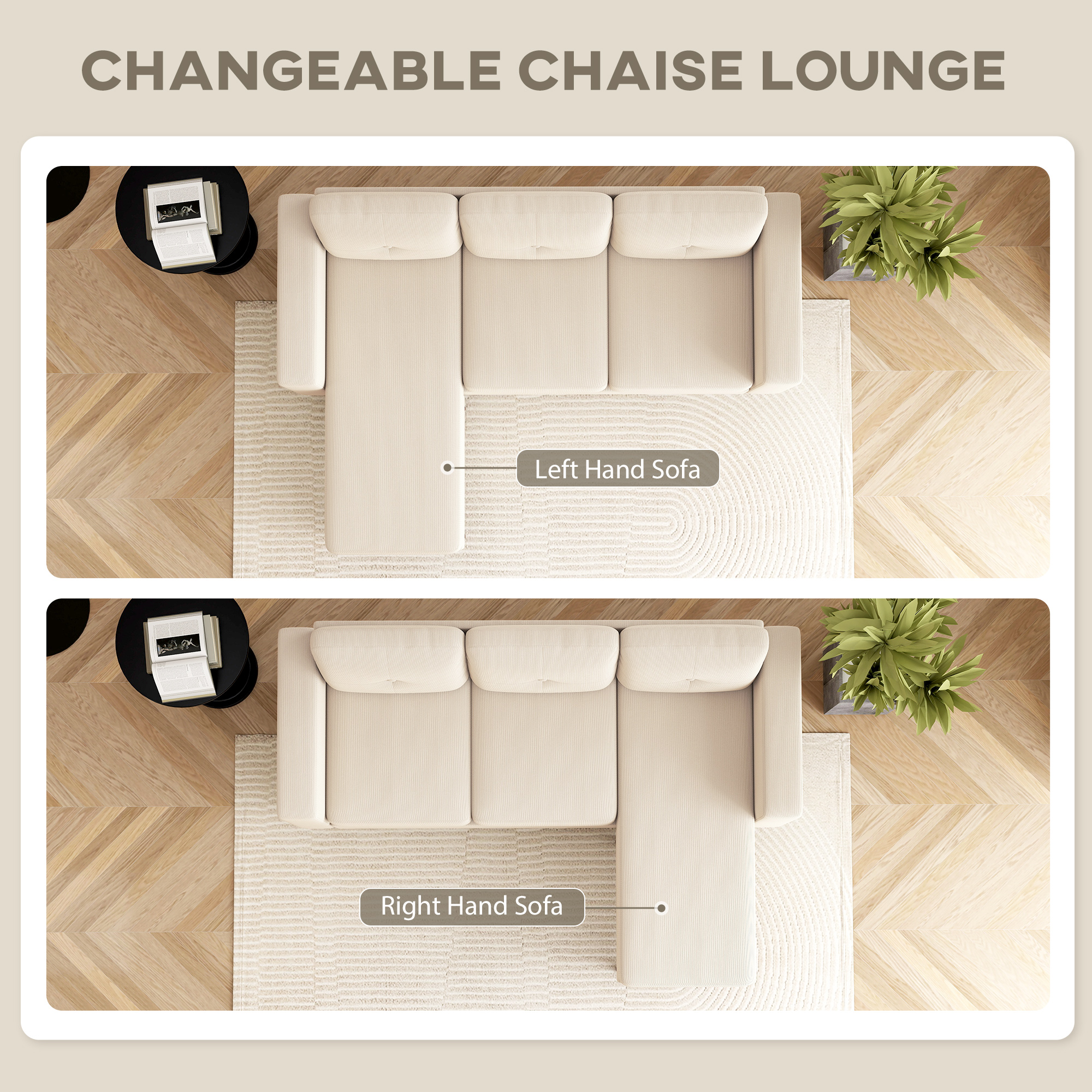 Sectional Sofa with Changeable Chaise Lounge, 3 Seat L-Shaped Sofa, Upholstered Couch for Small Space, Cream White - Image 2