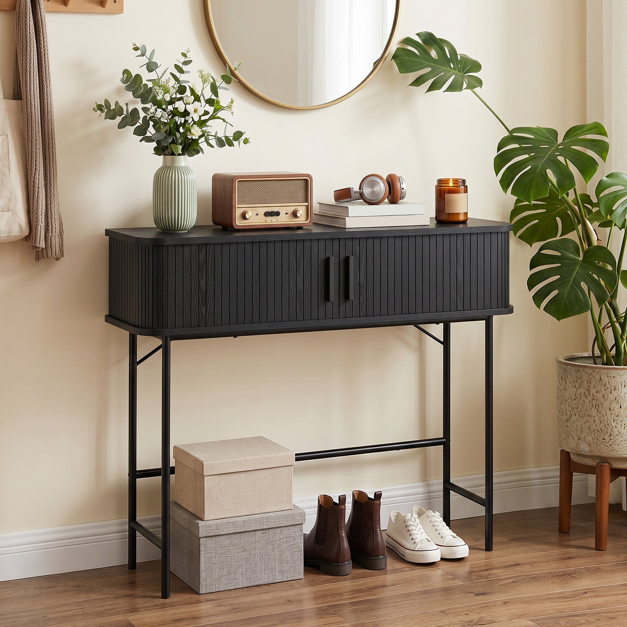 Mid-Century Entryway Table, Narrow Console Table with Storage Compartments for Behind Couch, Living Room, Black - Image 6