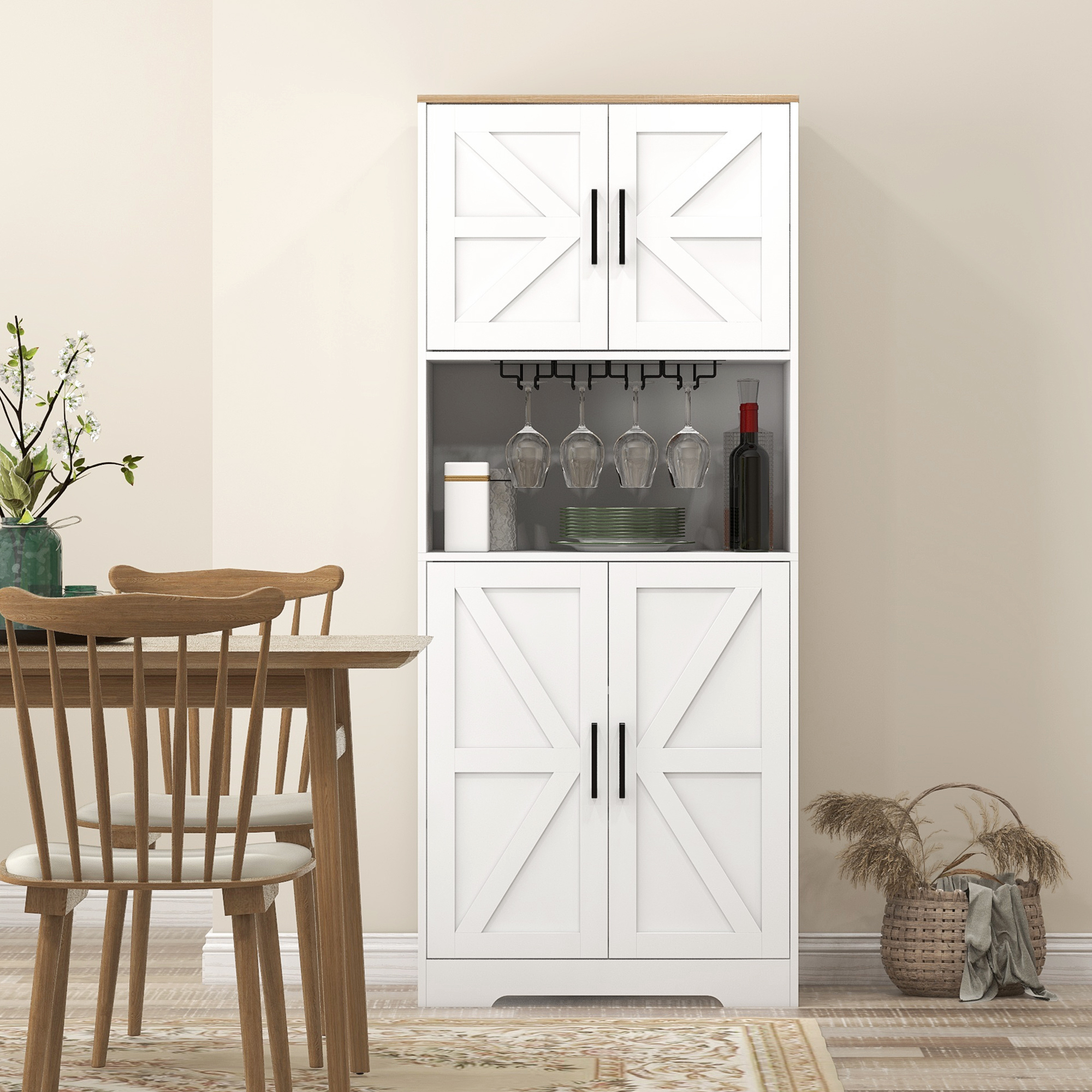 Farmhouse Kitchen Pantry, 68" Freestanding Hutch Storage Cabinet with Microwave Oven Countertop, White - Image 5