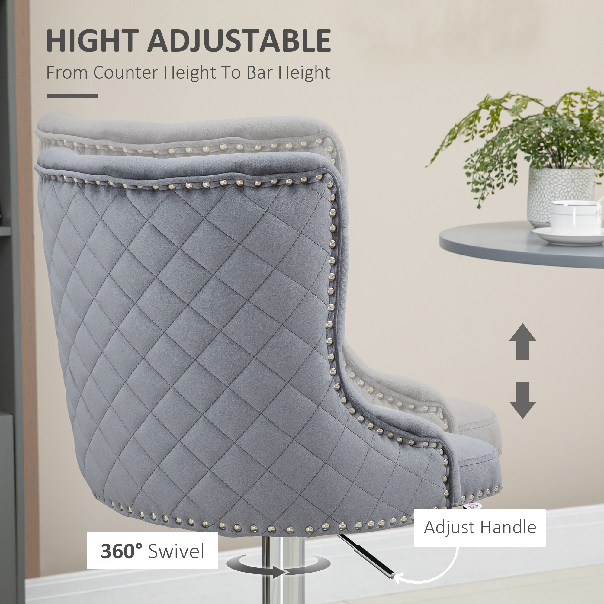 Modern Adjustable Bar Stools Set of 2, Swivel Velvet Barstools, Counter Height Bar Chairs with Button Tufted Back, Footrest, Nailhead Trim for Home Bar, Grey - Image 3