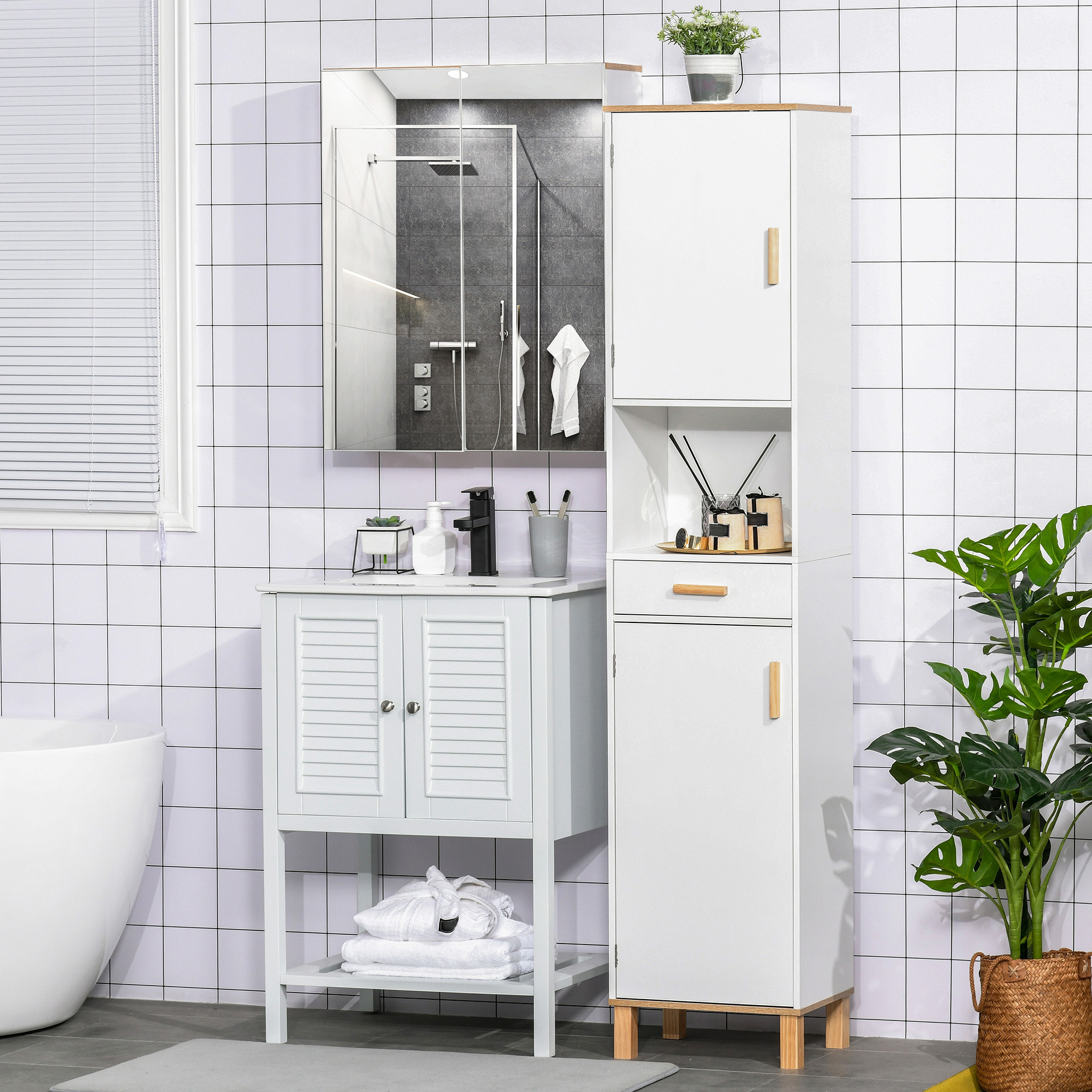 Bathroom Storage Cabinet with Cupboards and Drawer, Floor Free Standing Linen Tower, Tall Slim Side Organizer Shelves, White - Image 6