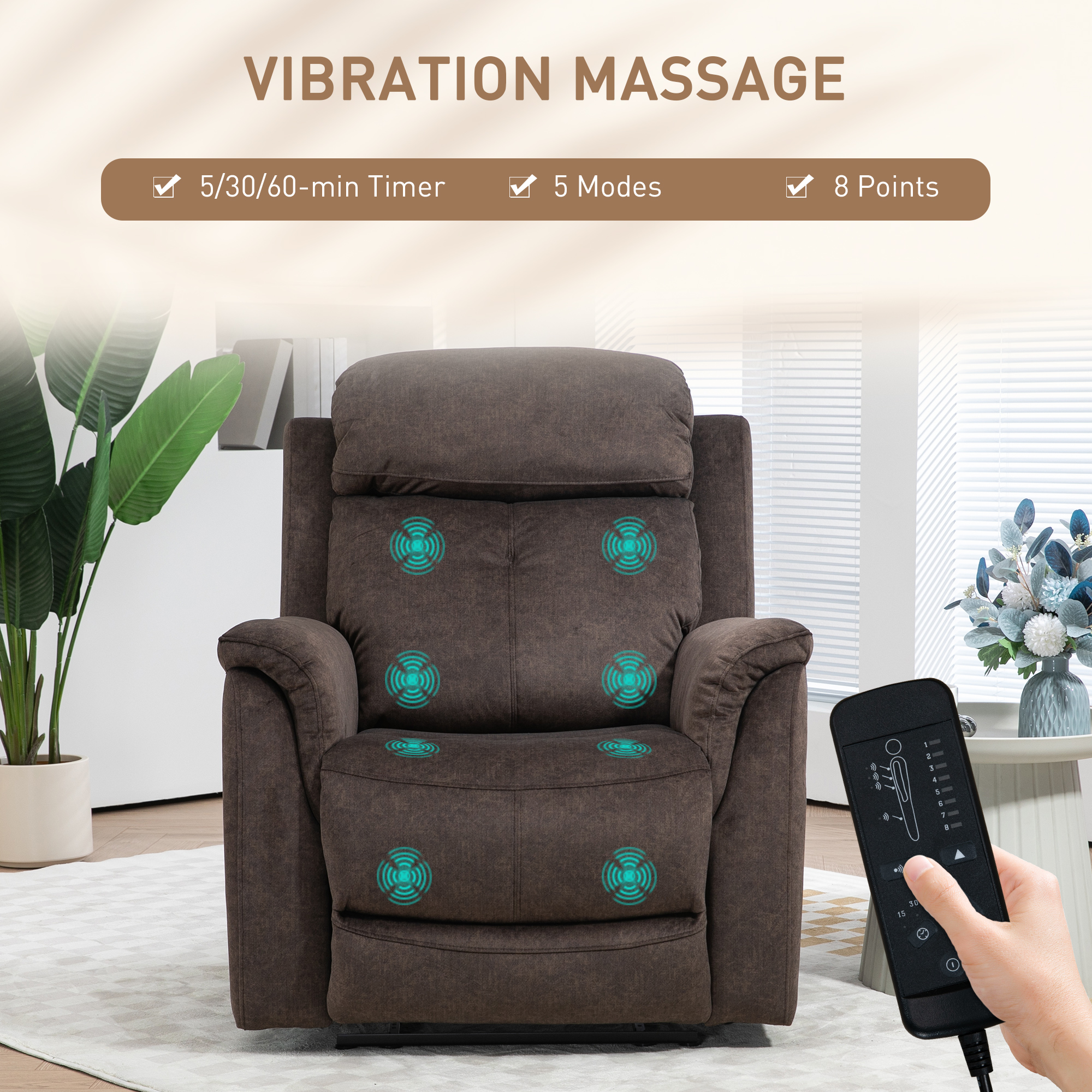 Manual Recliner Chair with Vibration Massage, Reclining Chair for Living Room with Side Pockets, Brown - Image 2