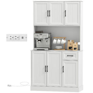71" Pantry Cabinet with Charging Station, Kitchen Storage Cabinet with Microwave Stand, Adjustable Shelves, White