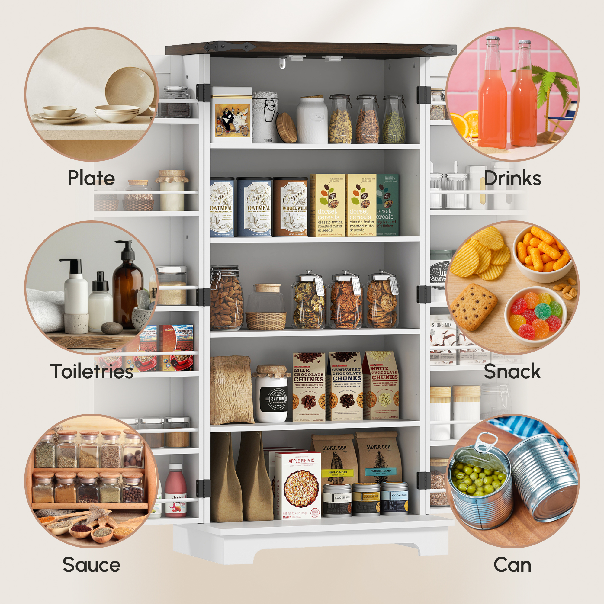 47" Kitchen Pantry Storage Cabinet, Farmhouse Kitchen Pantry Cabinet with Adjustable Shelves and Door Shelves, White - Image 3