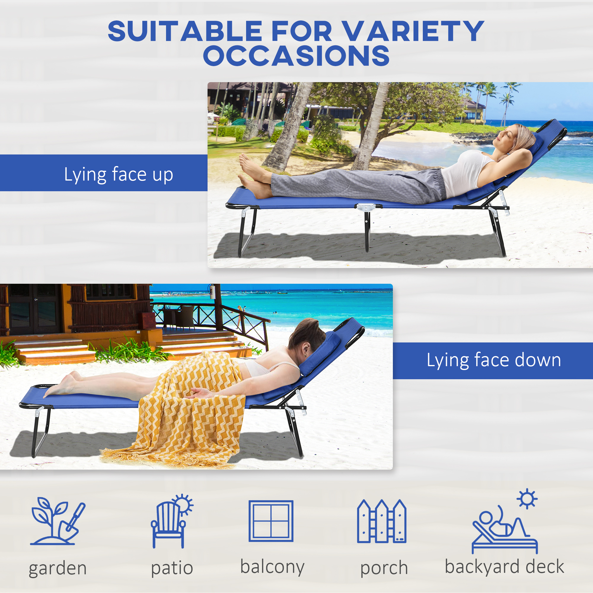 Folding Lounge Chair Set of 2, Reclining Beach Tanning Chair with Face Hole, Pillow, 4-Position Adjustable Flat Sun Lounger, Steel Frame for Outdoor Patio Pool, Blue - Image 3