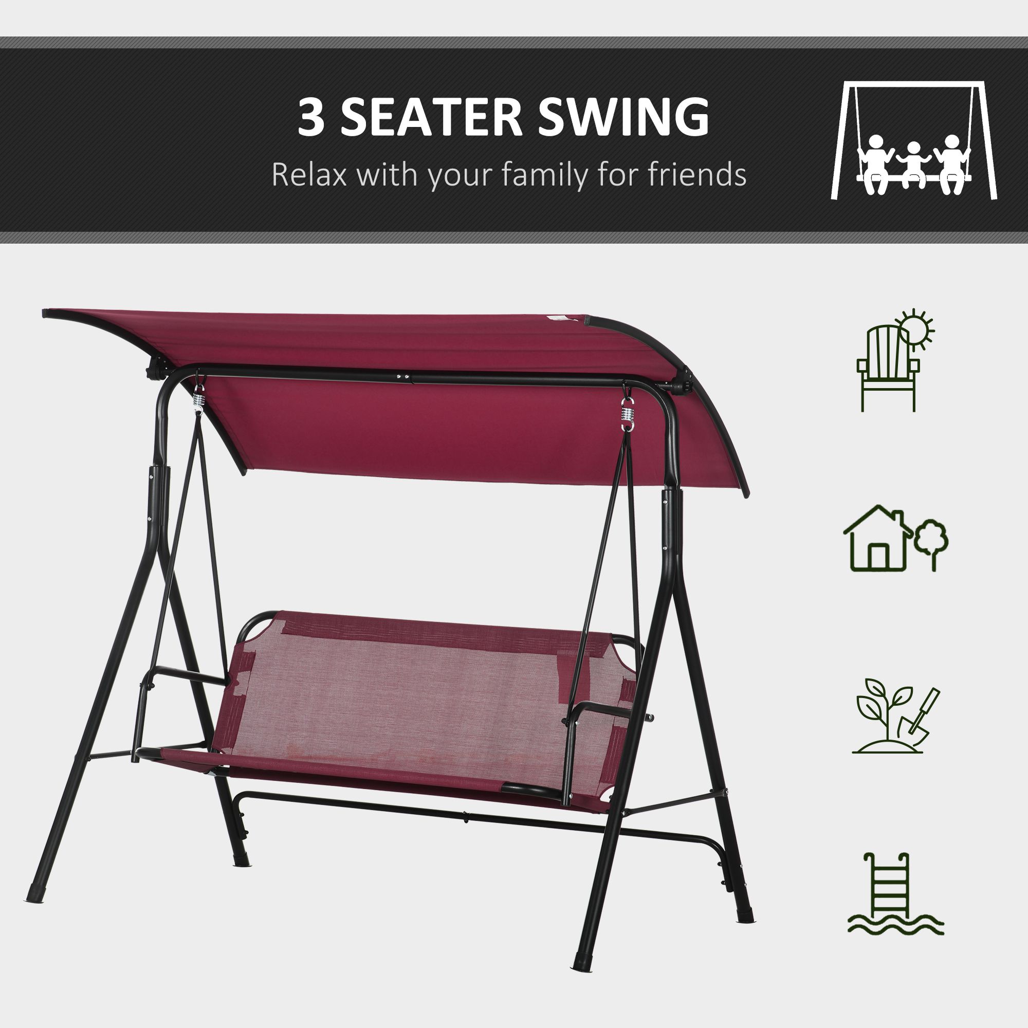 3-Seater Outdoor Porch Swing with Adjustable Canopy, Patio Swing Chair for Garden, Poolside, Backyard, Wine Red - Image 4
