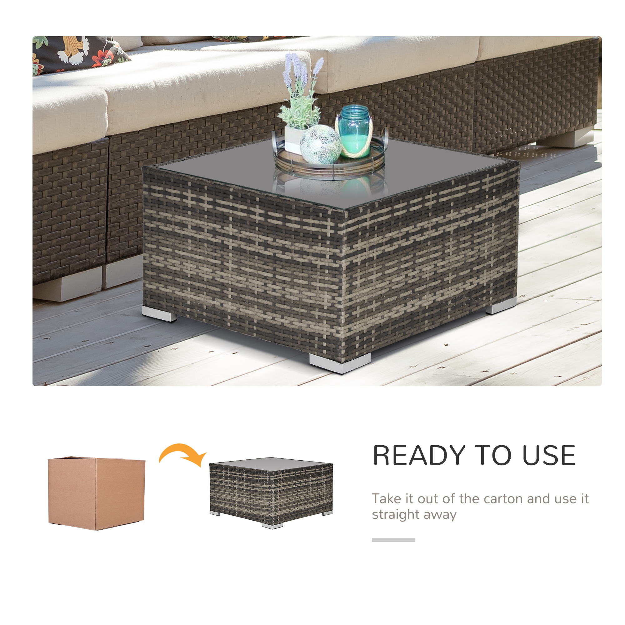 Rattan Garden Coffee Table, 25.6" Square Garden Rattan Table with Tempered Glass Top, Deep Grey - Image 4