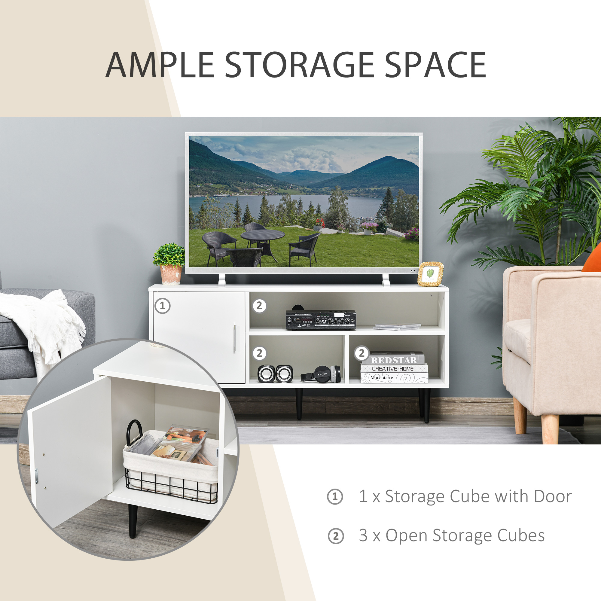 Modern TV Stand Cabinet for TVs up to 60 Inches with Storage Shelf, Cable Hole, Home Entertainment Unit Center, for Living Room Bedroom, White - Image 3