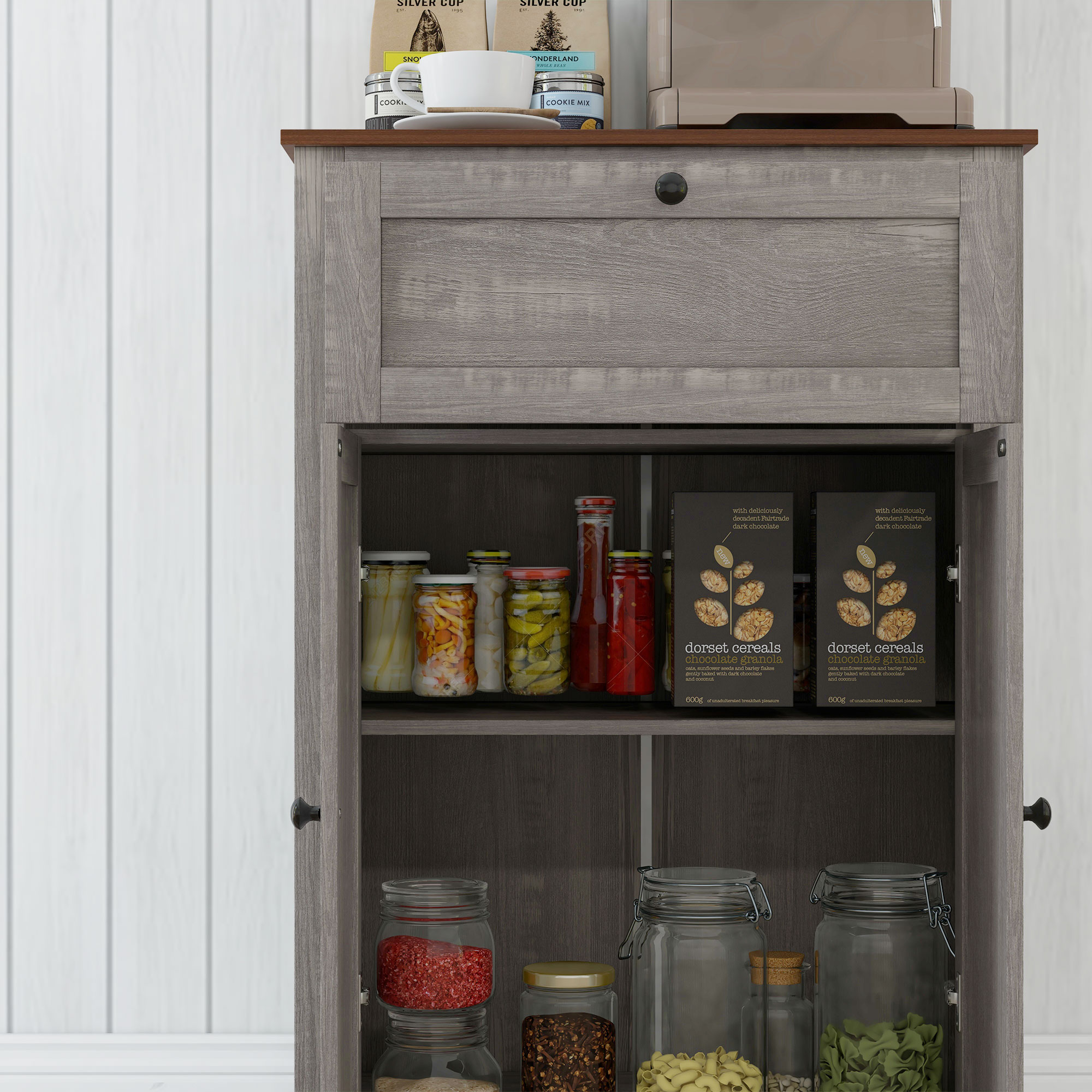 Storage Cabinet Farmhouse Sideboard Storage Cabinet with Doors and Drawer for Kitchen, Living Room, Grey Wash - Image 5