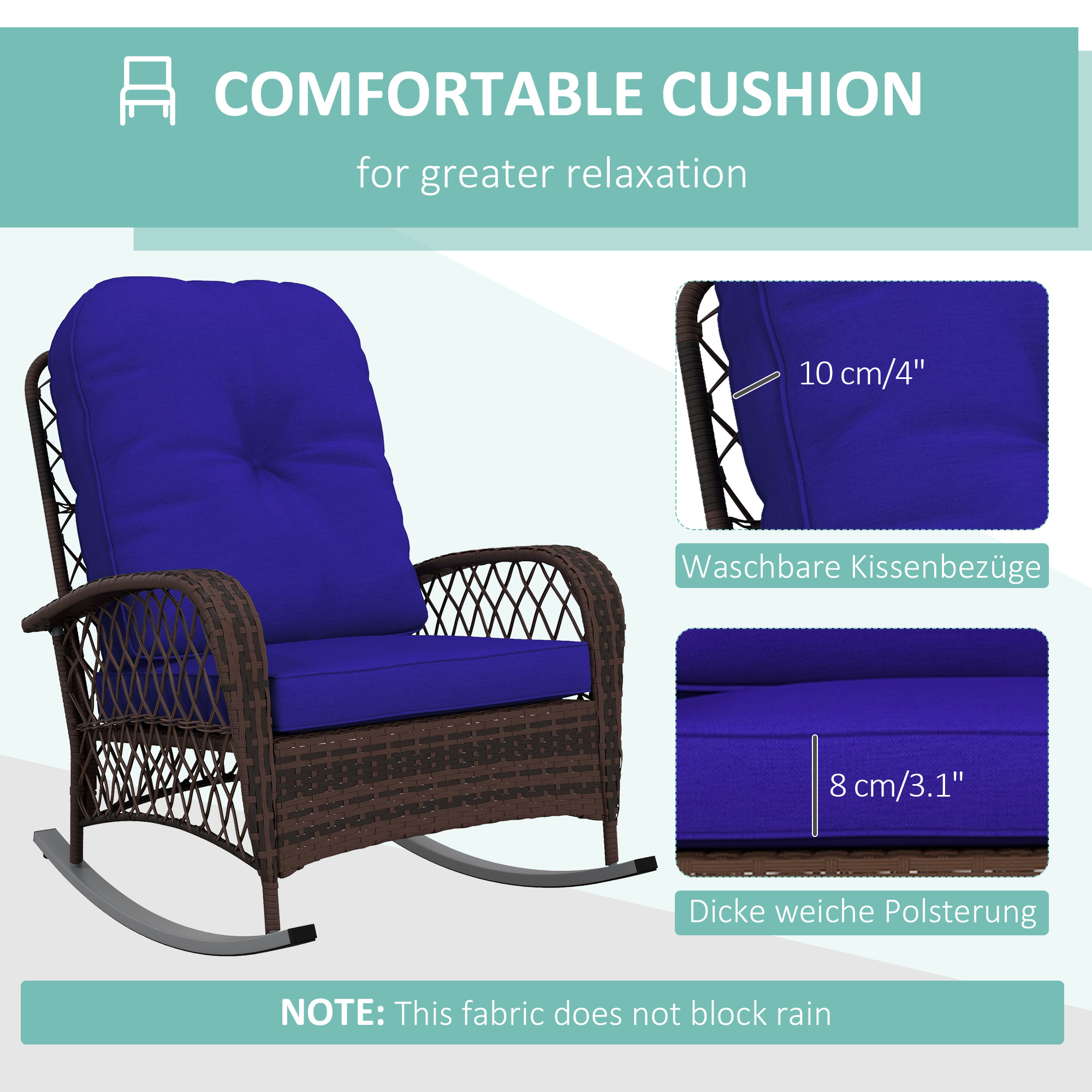 Outdoor Wicker Rattan Rocking Chair Patio Rocker with Thick Cushions for Garden Backyard Porch, Dark Blue - Image 3
