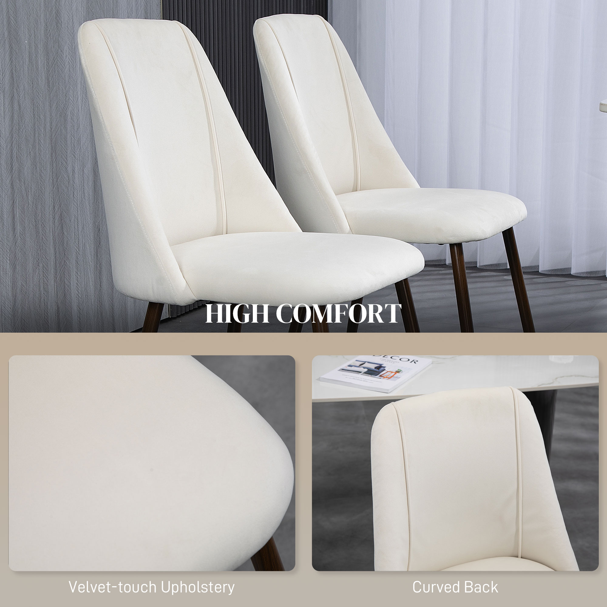Upholstered Dining Chairs Set of 4, Velvet Accent Chair with Back and Wood-grain Steel Leg for Kitchen, Cream White - Image 3