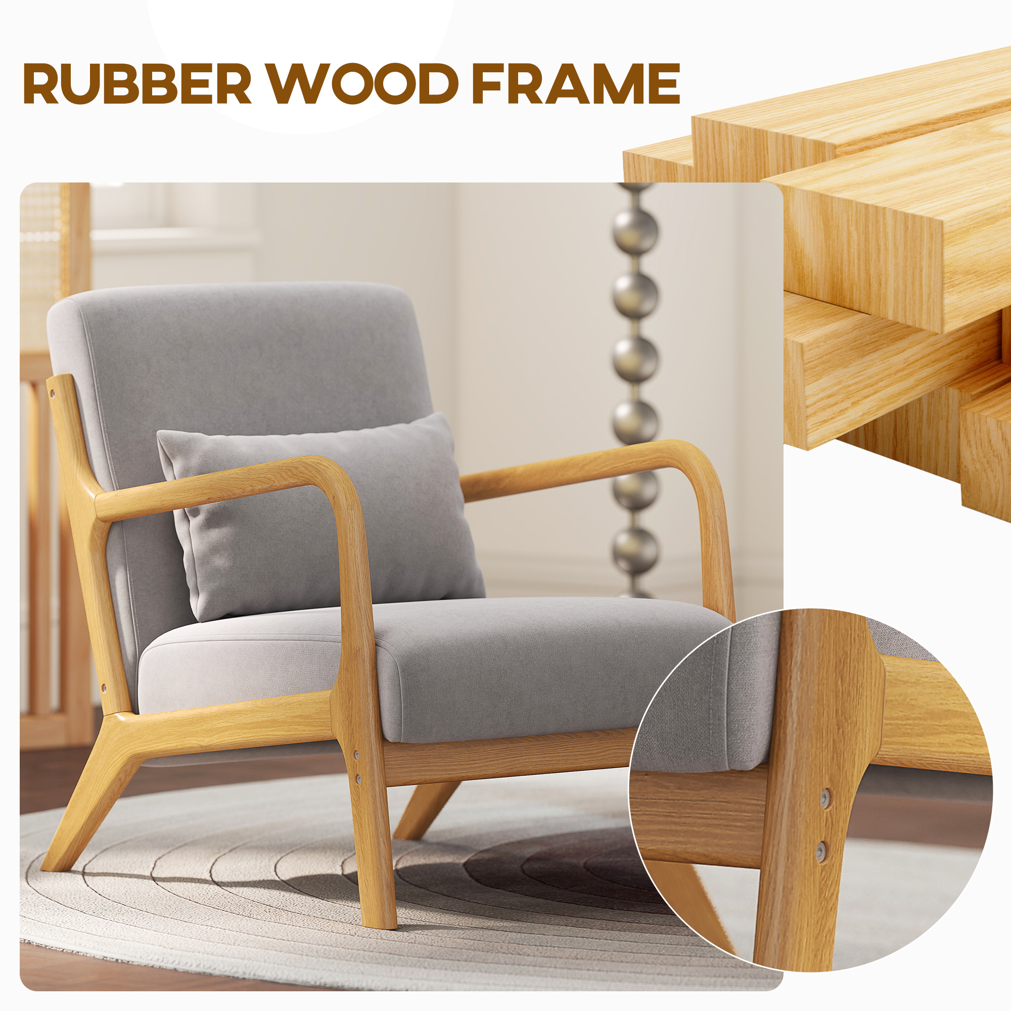 Fabric Lounge Chair, Velvet Armchair, Retro Accent Chair with Wood Legs and Thick Padding for Bedroom, Grey - Image 3