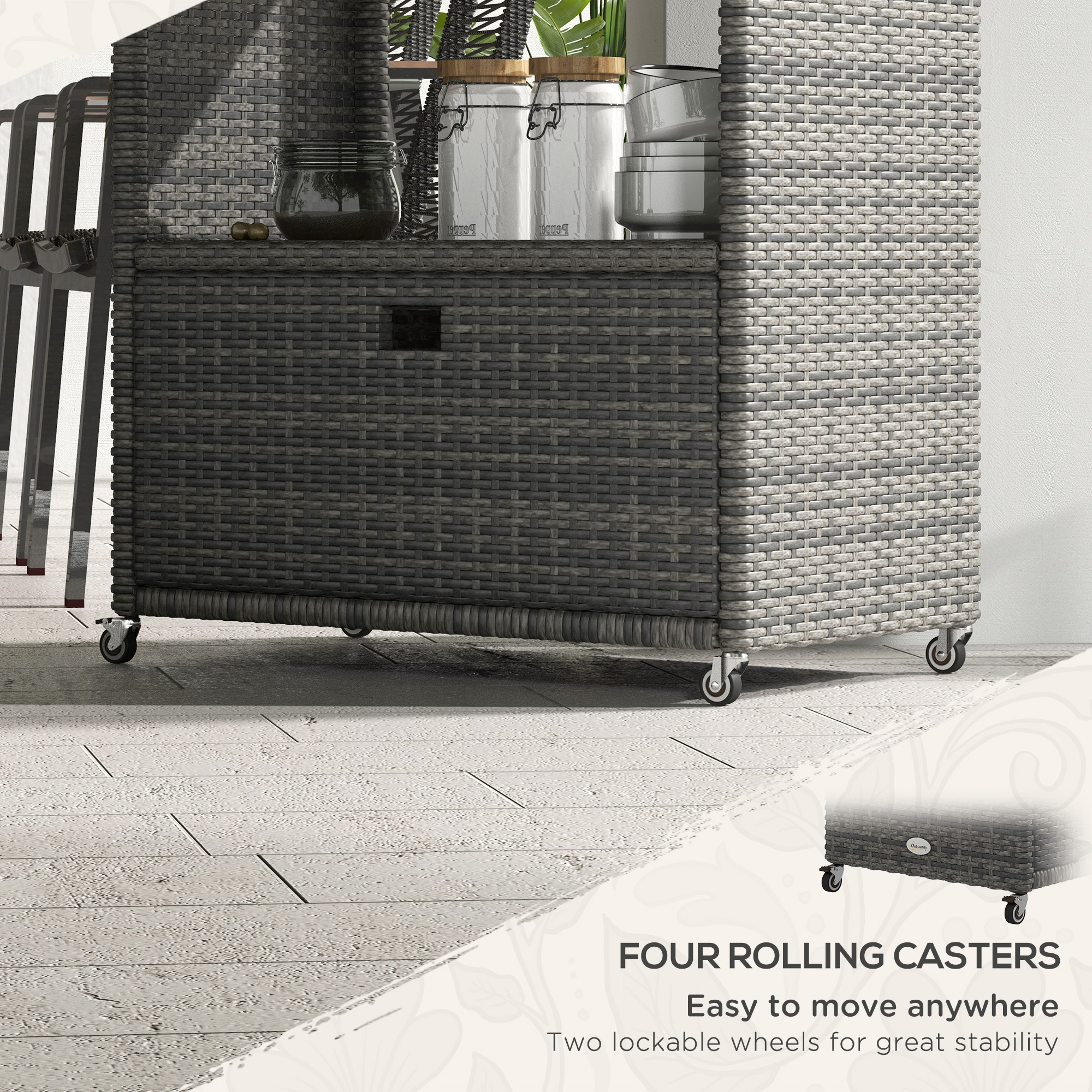 Patio PE Wicker Garden Serving Cart with 2-Tier Shelf, Outdoor Wheeled Rattan Food Cart with Drawer, Handles, for Poolside, Garden, Mixed Grey - Image 2