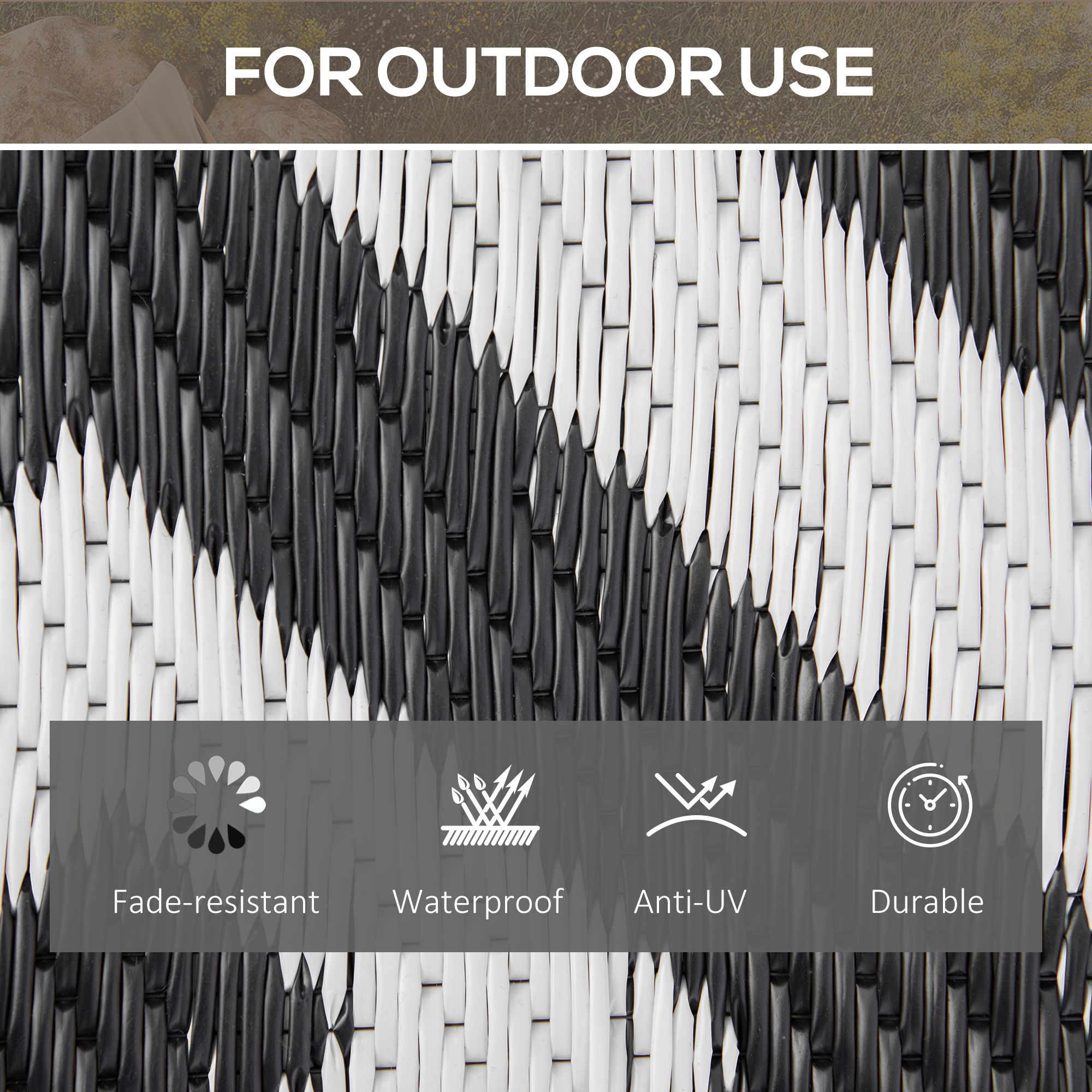 Reversible Outdoor RV Rug, Patio Floor Mat, 5' x 8' Plastic Straw Rug for Backyard, Deck, Beach, Camping, Black & White - Image 3