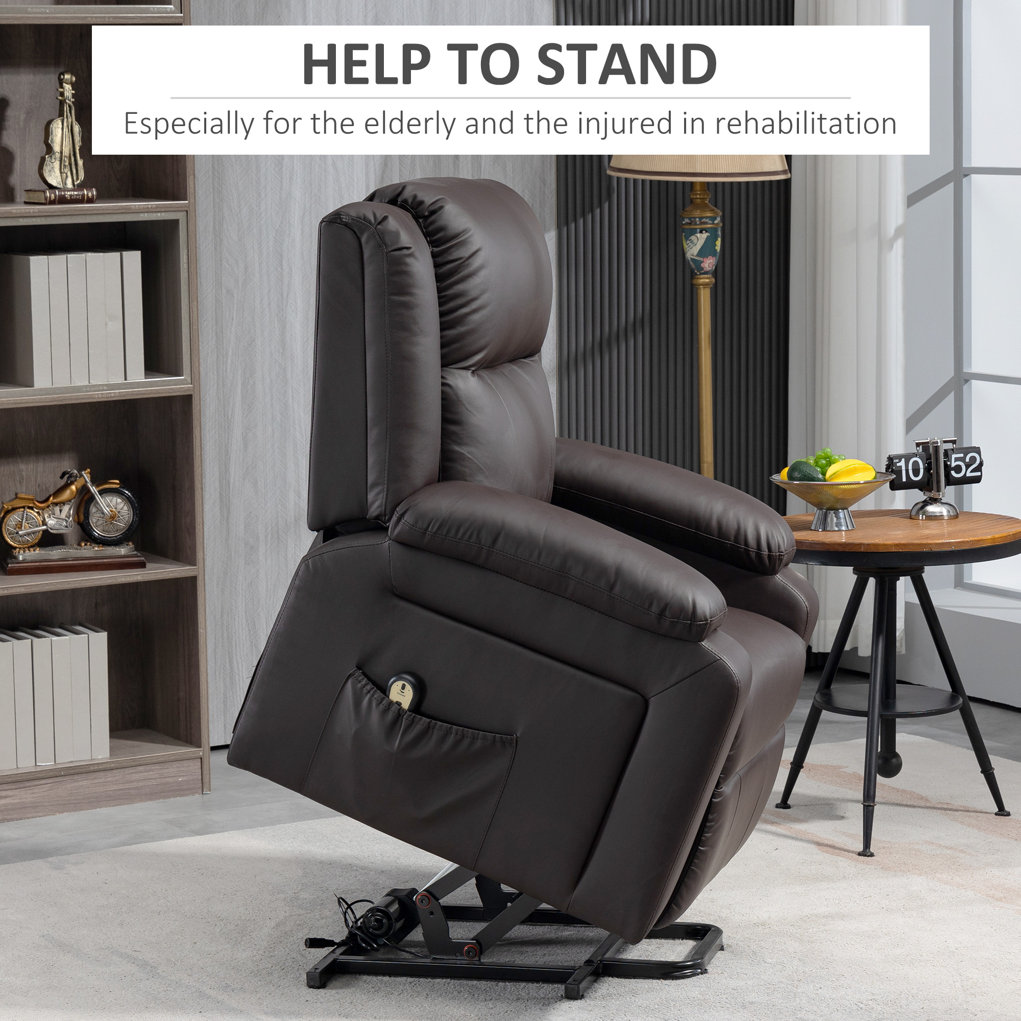 Lift Chair for Seniors, PU Leather Upholstered Electric Recliner Chair with Remote, Side Pockets, Quick Assembly, Brown - Image 2