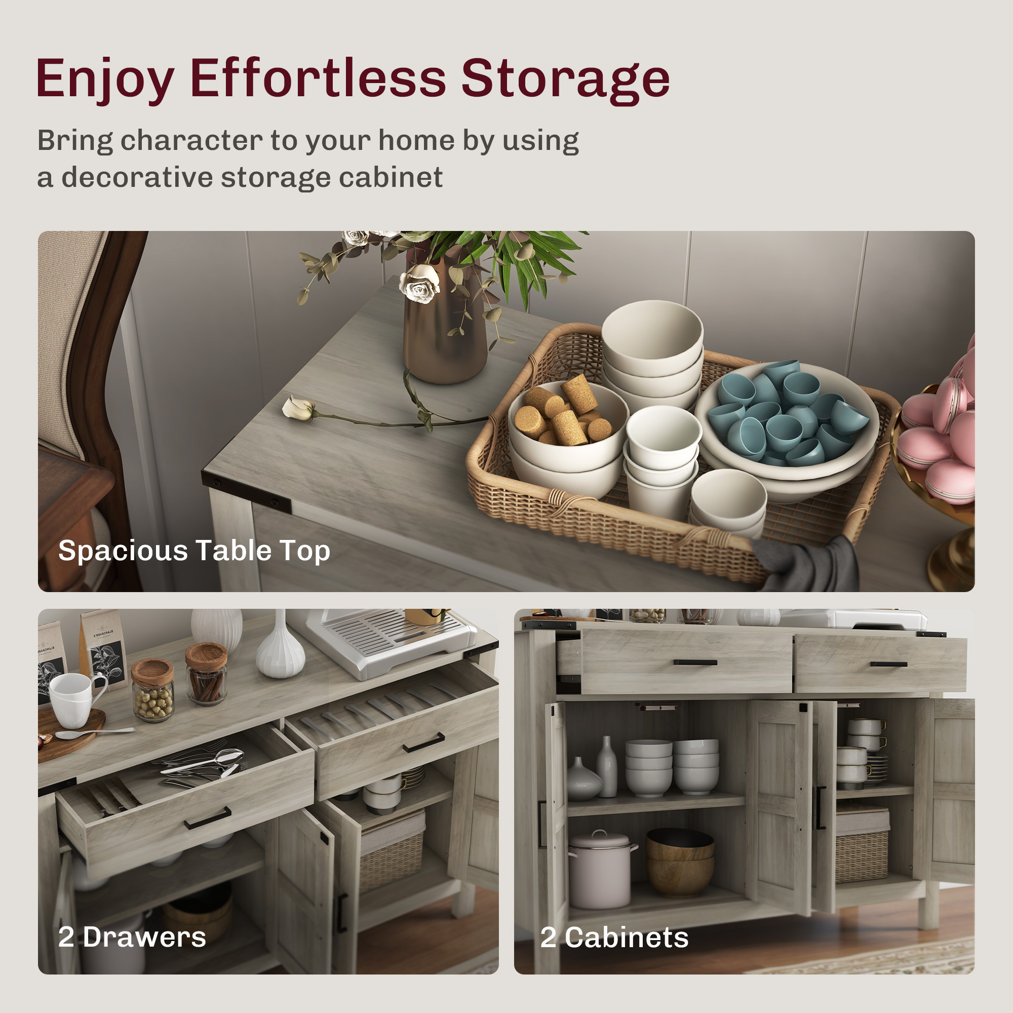 Side Cabinet, Farmhouse Kitchen Storage Cabinet w/ 2 Drawers and Shelves for Living Room, Entryway, Grey - Image 2