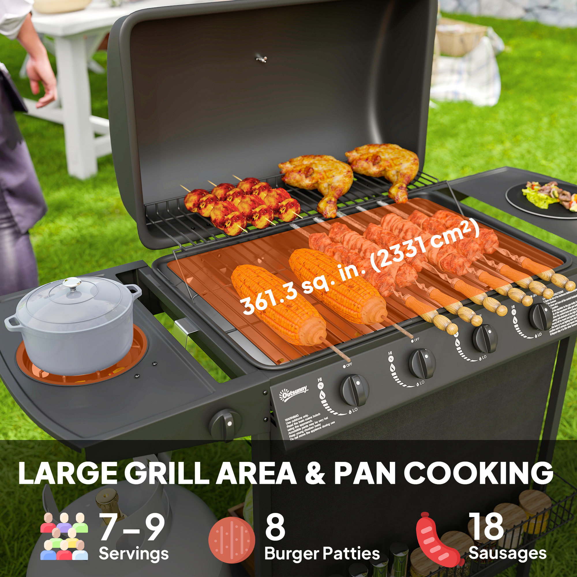 4+1 Burner Propane Gas BBQ Grill, Portable Gas Barbecue Grill with Side Burner, Thermometer, Lid, Side Table, Shelf, Spice Rack, Wheels, Grease Cup for Garden, Black - Image 2