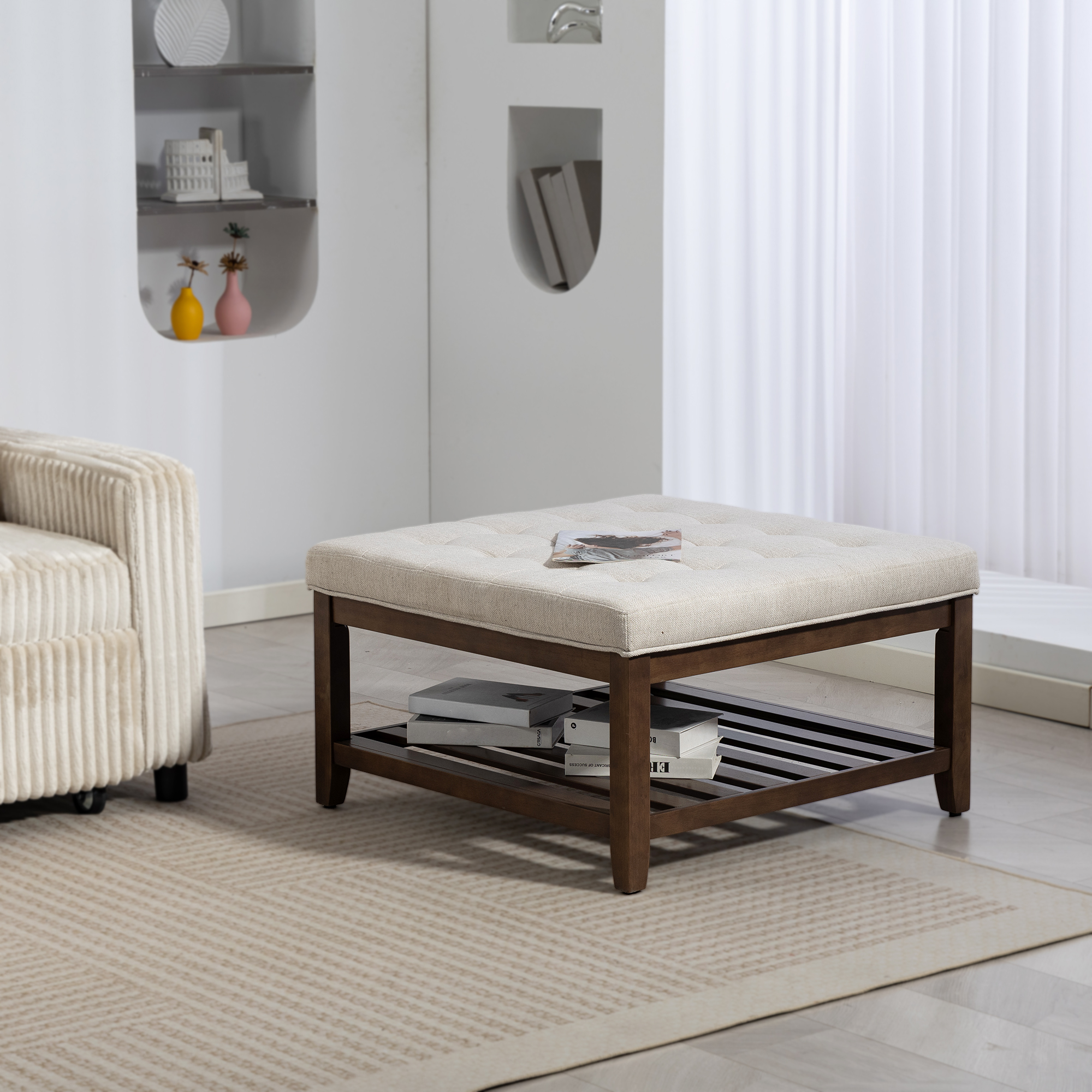Ottoman Coffee Table, 32 Inch Square Footrest Ottoman with Storage, Linen Upholstered Tufted Footstool, Beige - Image 6