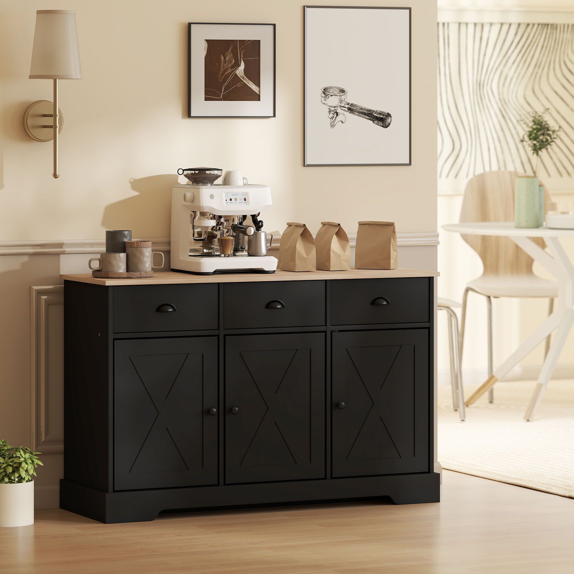 46.5" Buffet Cabinet, Farmhouse Sideboard with 3 Barn Doors and 3 Drawers for Living Room, Kitchen, Black - Image 6