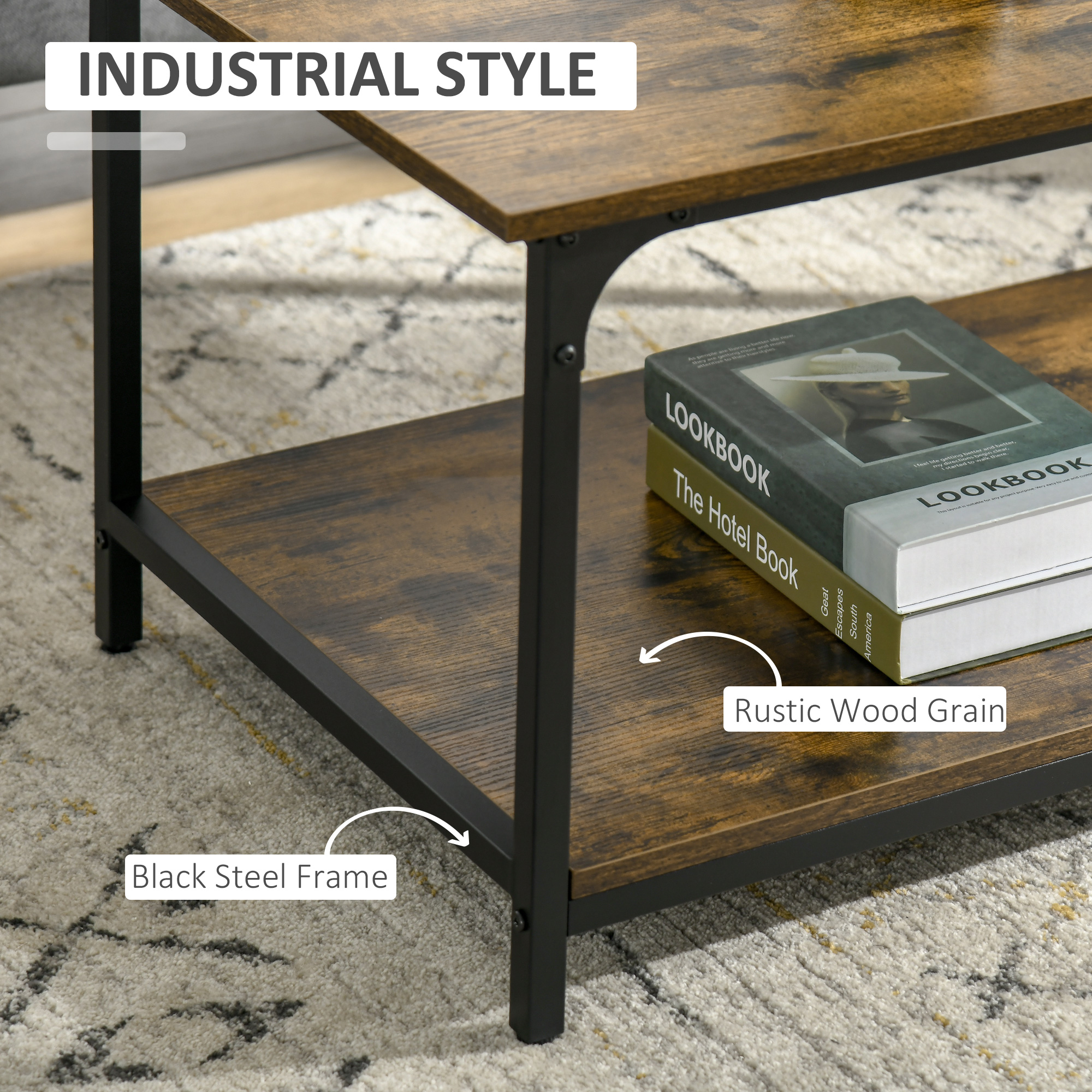 Industrial Coffee Table with Storage Shelf, 2-tier Center Table for Living Room, Rustic Brown - Image 2
