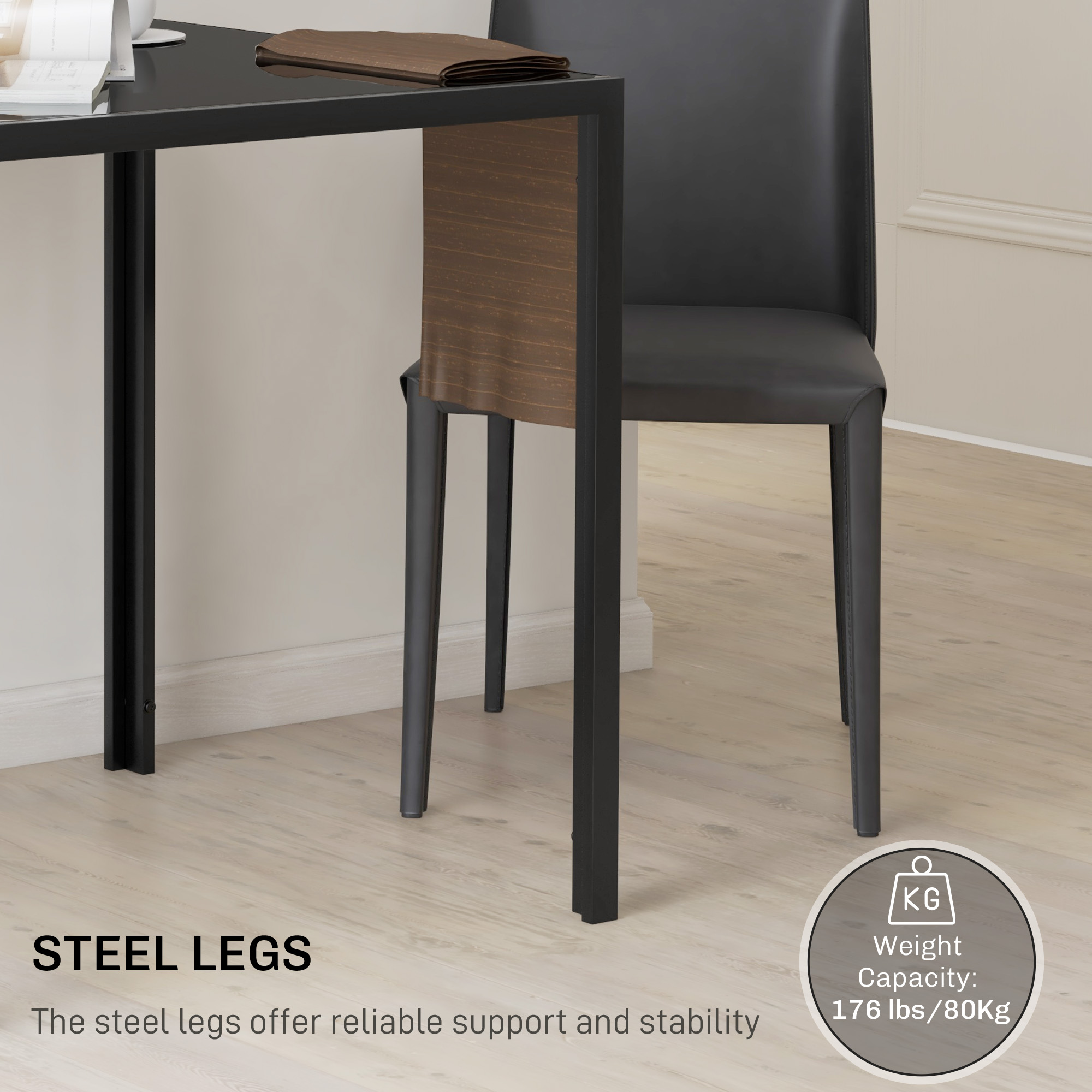 Square Kitchen Table for 2-4 People, Dining Table with Glass Top and Steel Legs for Dining Room, Black - Image 3