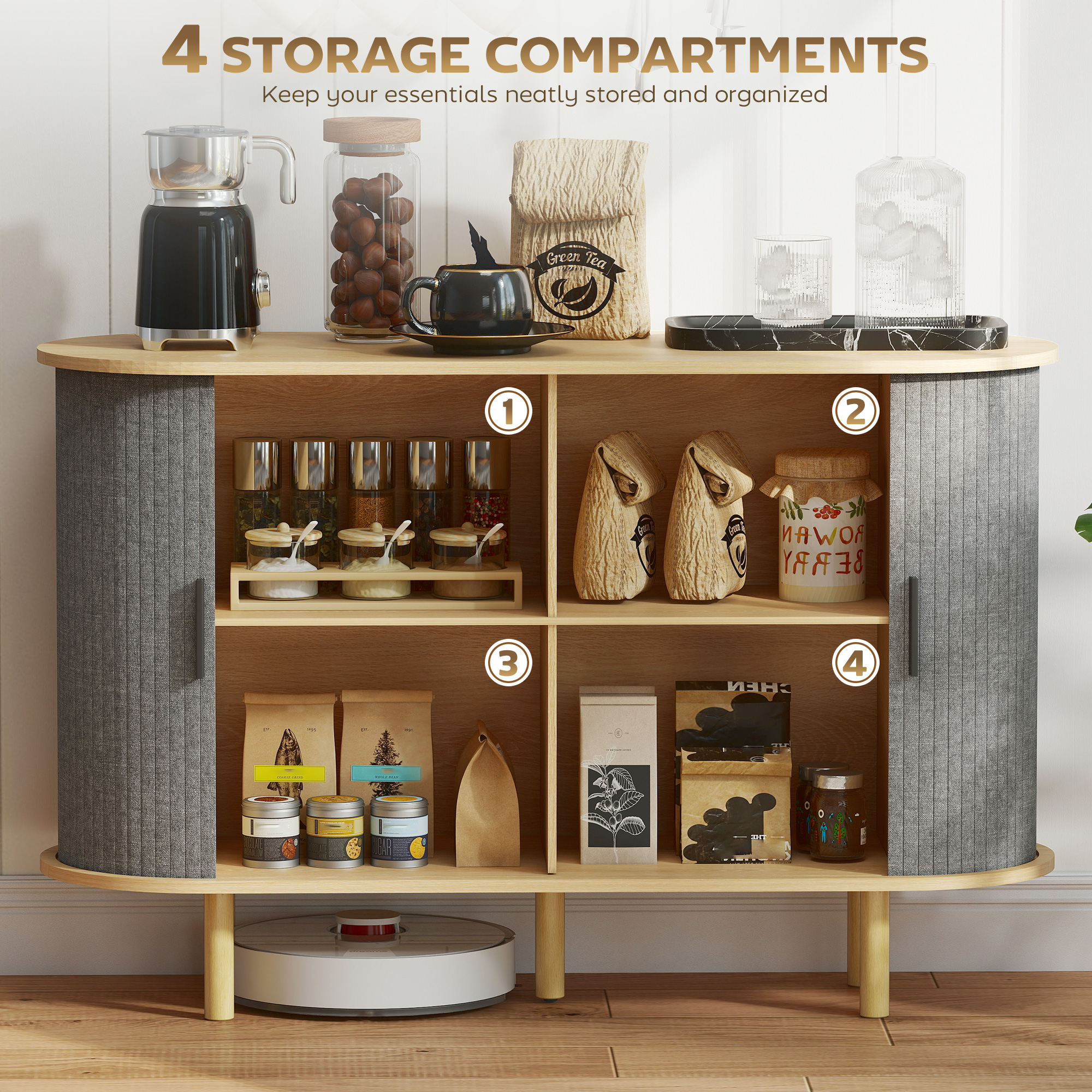 47" Buffet Cabinet with Tambour Sliding Doors, Fluted Sideboard with Storage Shelves and Wooden Legs, Grey - Image 4