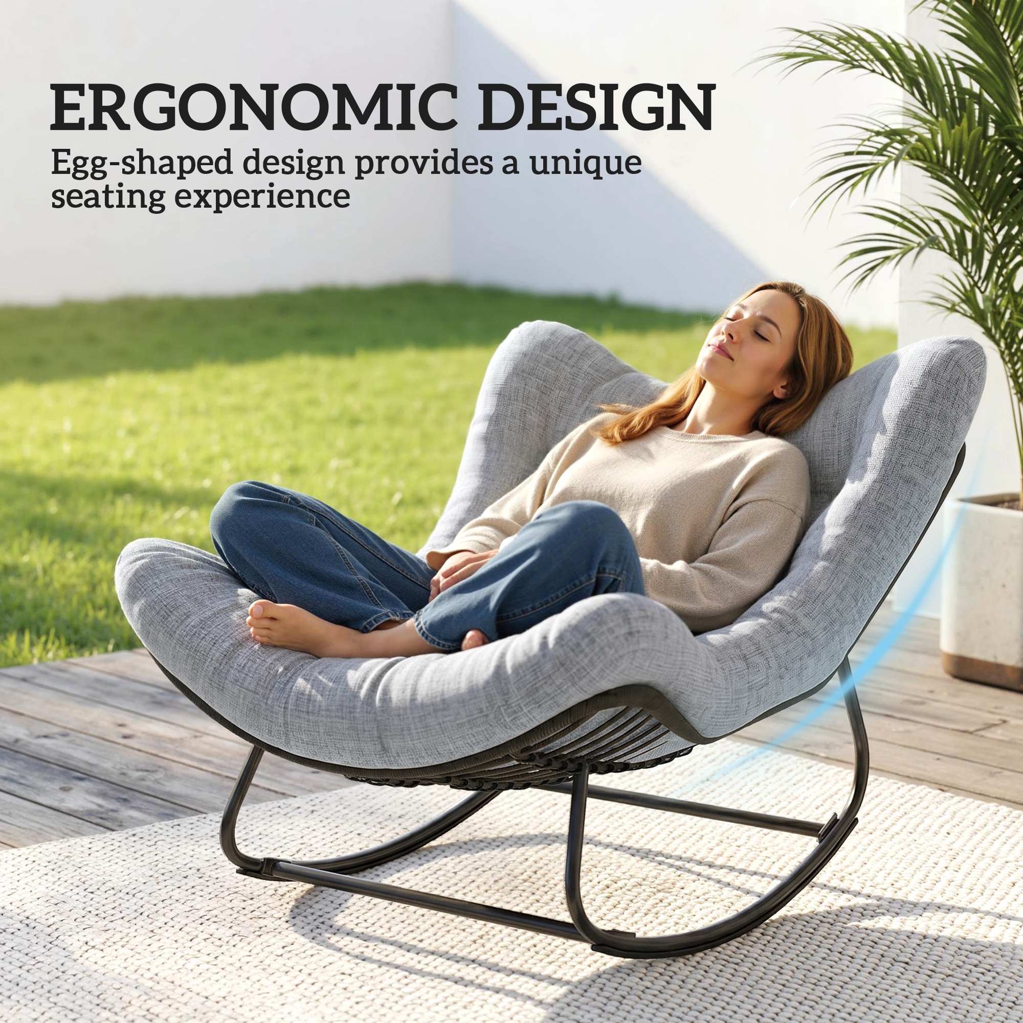 Oversized Rattan Patio Egg Chair, Outdoor Rocking Chair with Padded Cushion for Indoor, Porch, Grey - Image 2