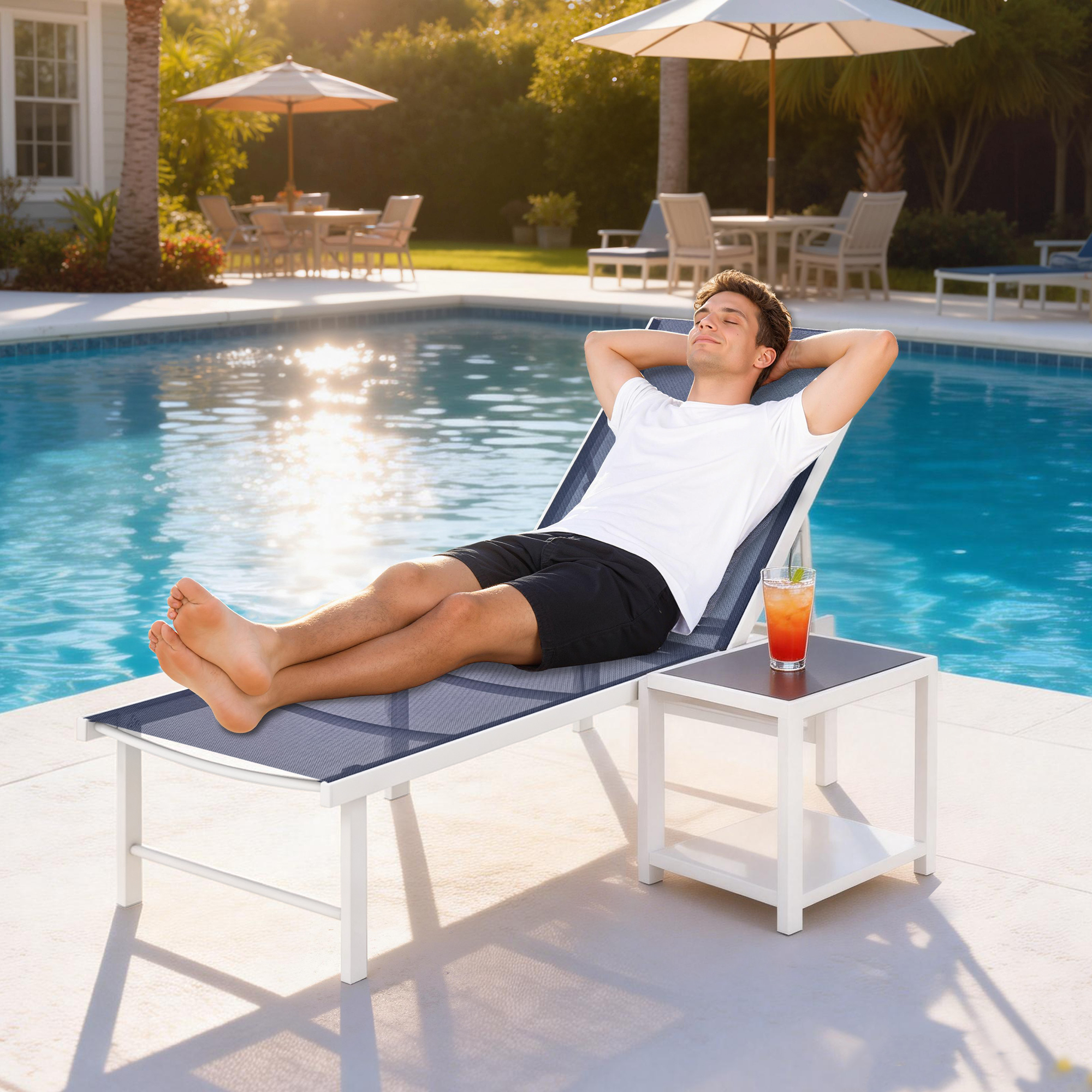 Outdoor Lounge Chair, 5-Position Reclining Outdoor Chaise Lounge Tanning Chair with Mesh Seat, Dark Blue - Image 6