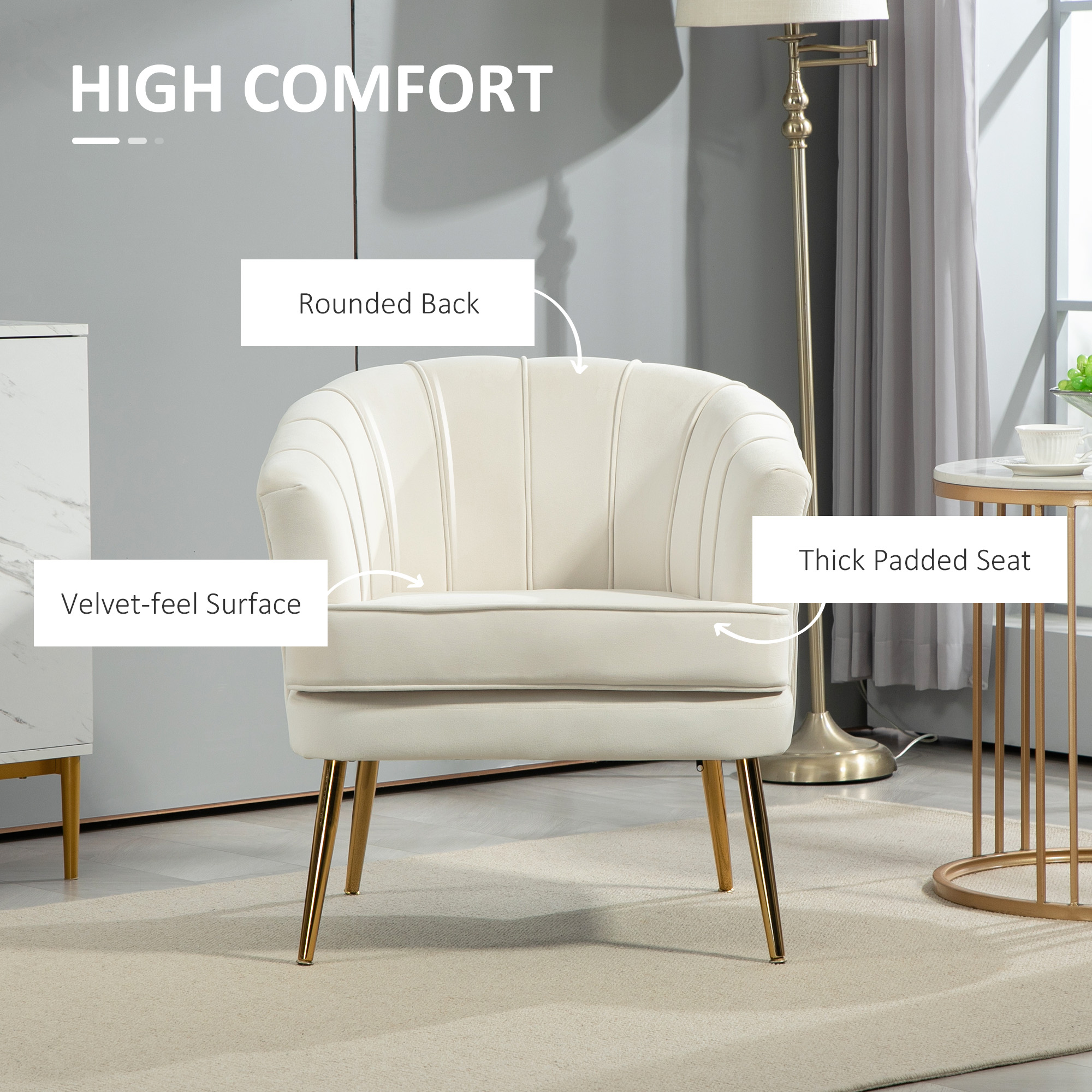 Fabric Armchair, Modern Accent Chair with Gold Metal Legs for Living Room, Bedroom, Home Office, Cream White - Image 2