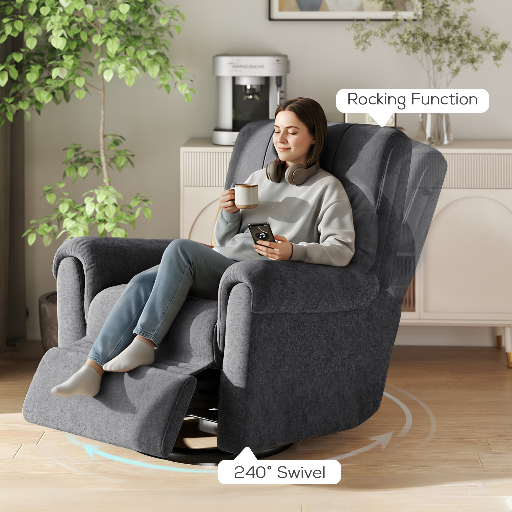 Power Recliner Chair, Fabric Upholstered Recliner Chair with USB Ports, Swivel and Rocking Function, Footrest, Dark Grey - Image 4
