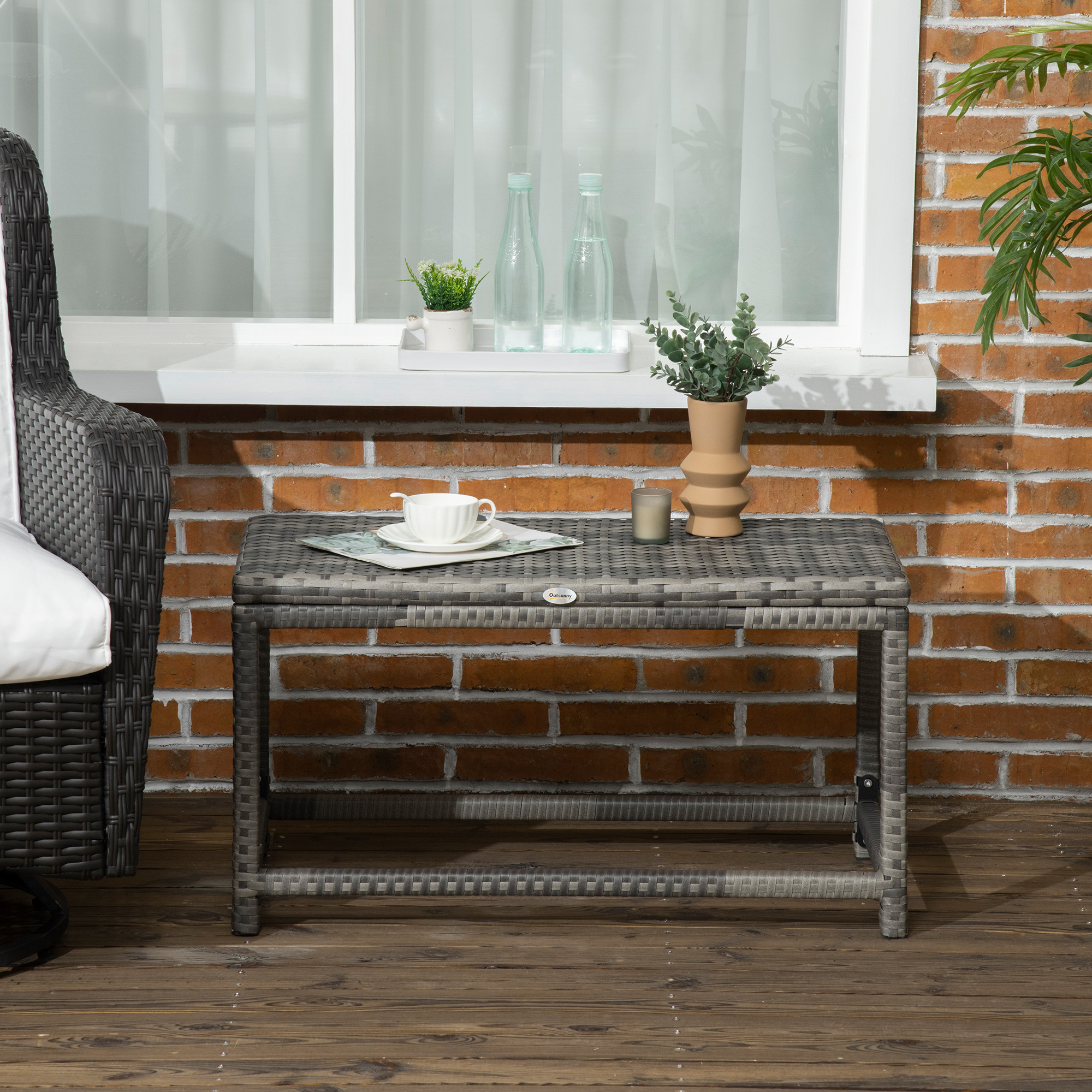 Patio Rattan End Table, Outdoor Side Table with Full Woven Table Top for Garden, Balcony, Mixed Grey - Image 5