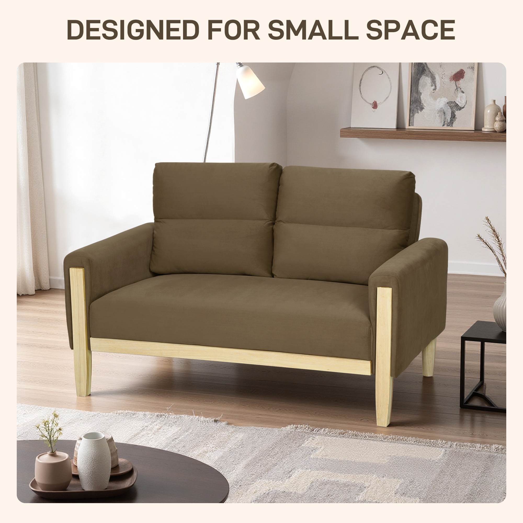 53" Loveseat Sofa, Small 2 Seater Couch with Solid Wood Legs, Modern Velvet Sofa for Living Room, Small Spaces,Brown - Image 4