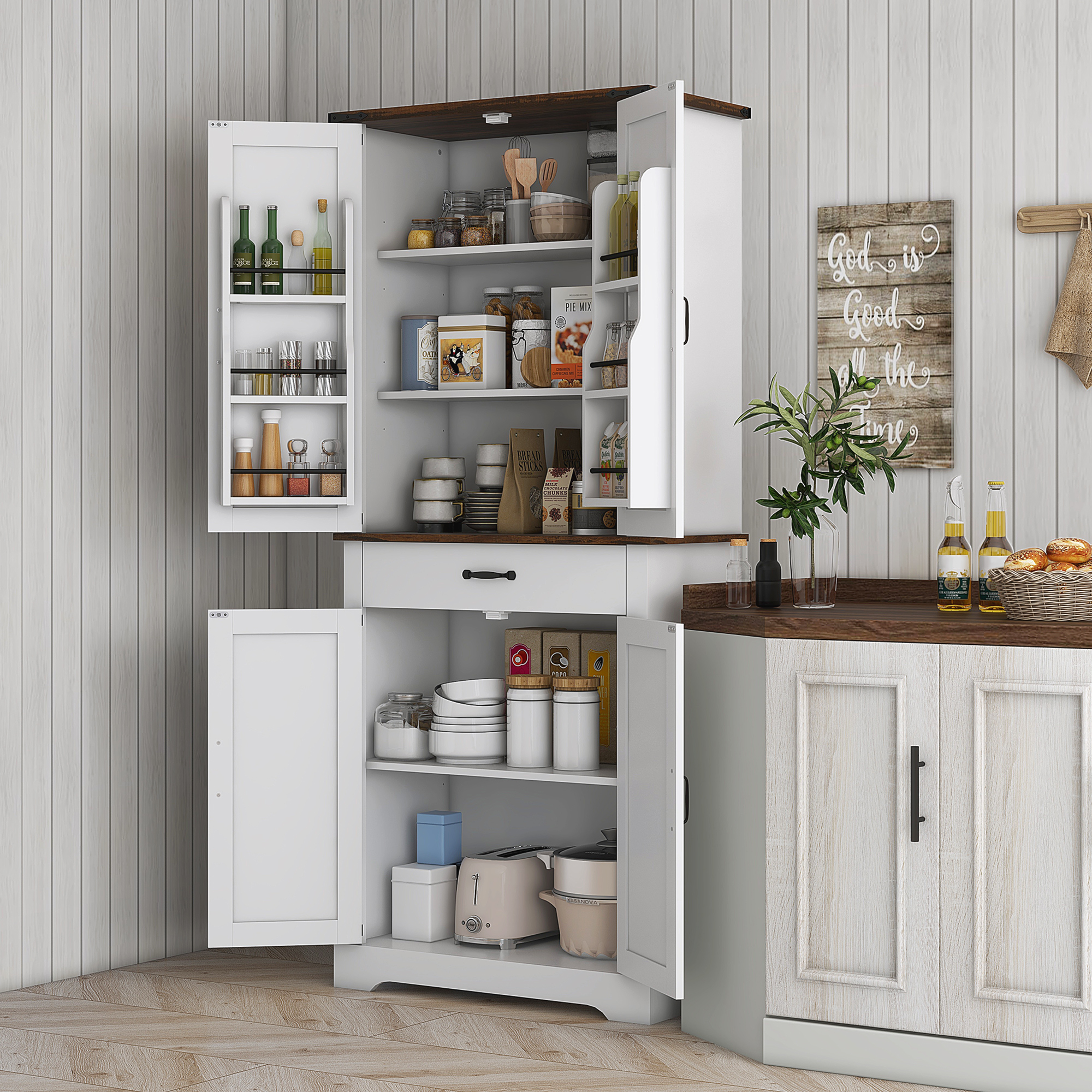 71" Tall Kitchen Cabinet, Farmhouse Pantry Cabinet with Barn Doors, Drawer and Adjustable Shelves, White - Image 6