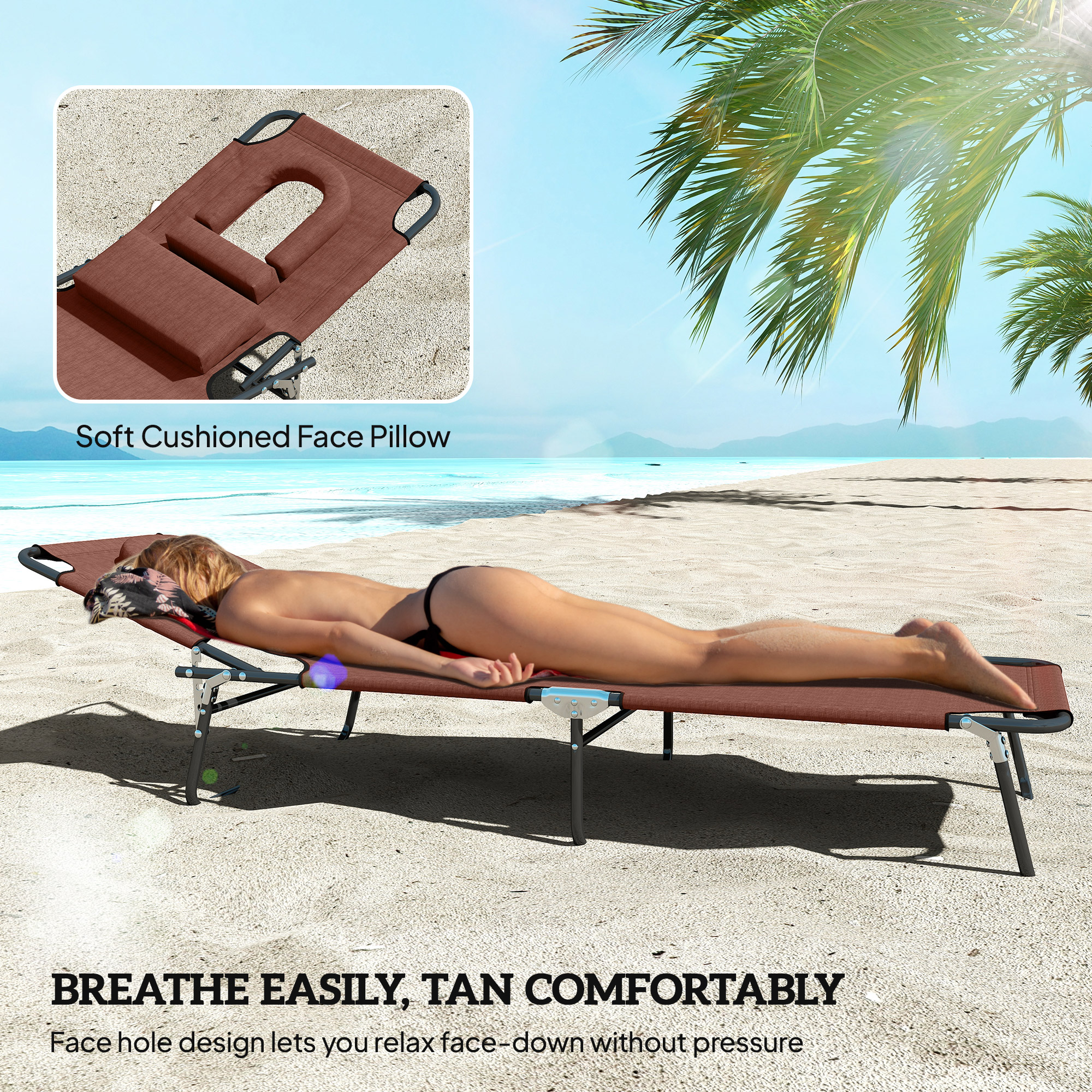 Folding Chaise Lounge Chair, Reclining Beach Tanning Chair with Face Hole, Pillow, 4-Position Adjustable Lay Flat Sun Lounger, Steel Frame for Outdoor Patio Pool, Brown - Image 5