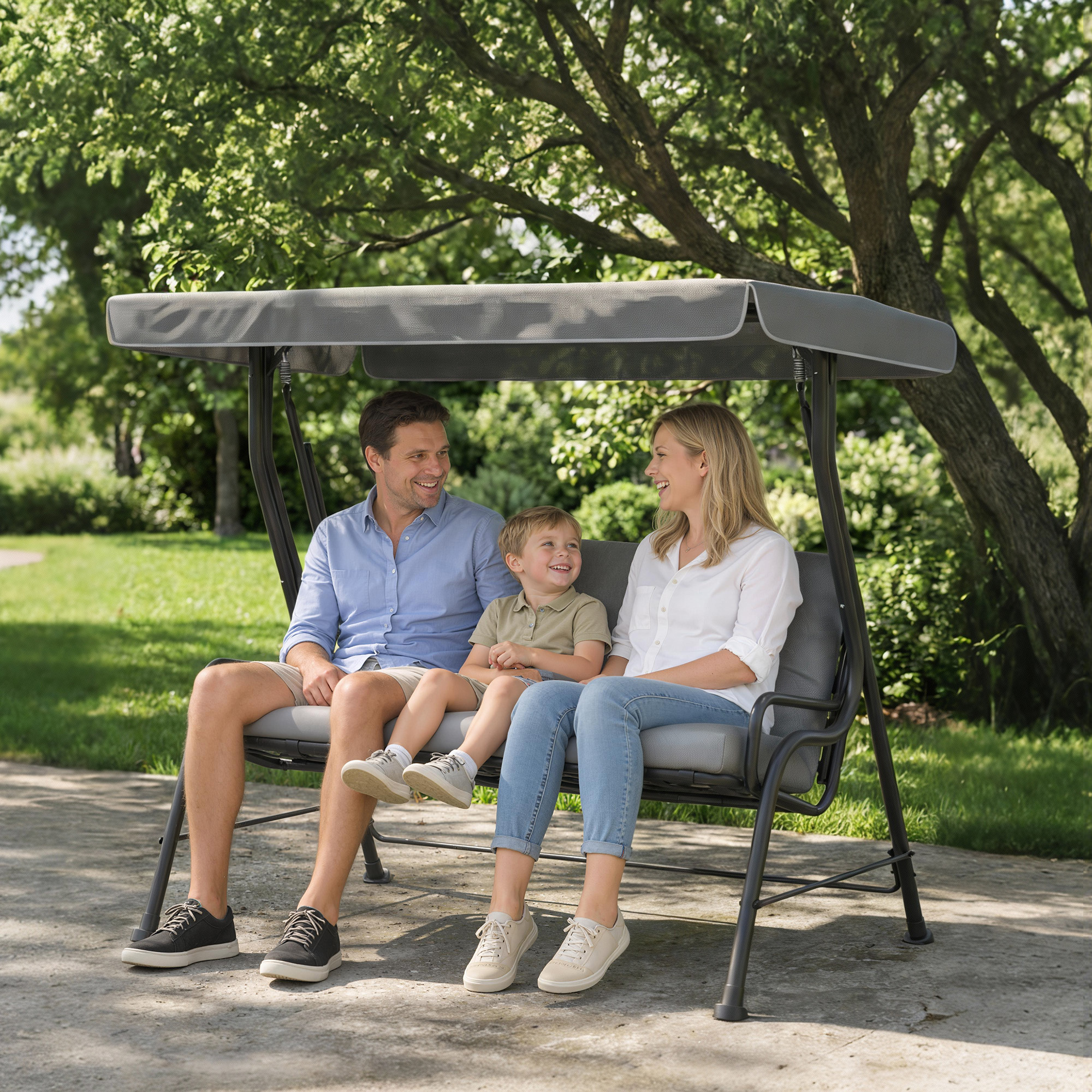 3-Person Patio Swing Chair with Canopy 3 Seater Porch Swing for Garden, Backyard, Poolside, Light Grey - Image 6