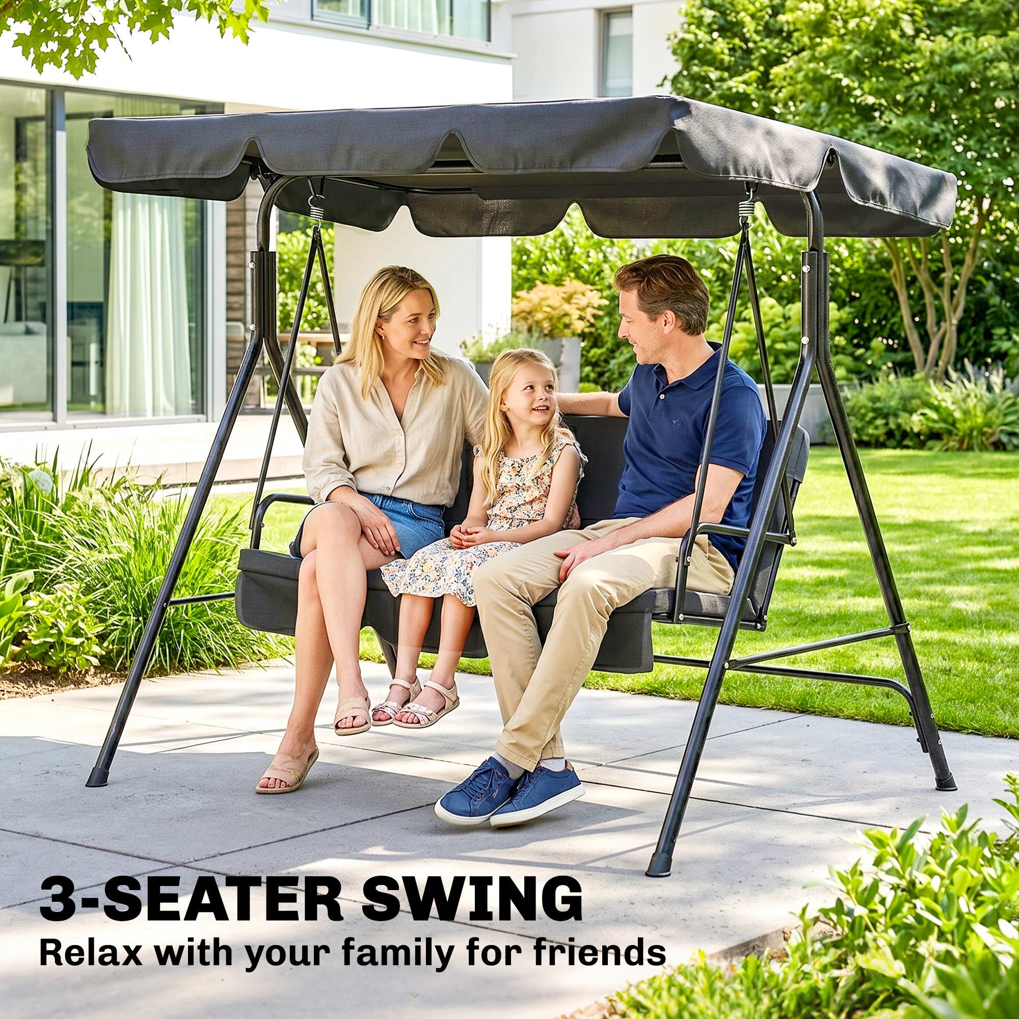 3-Seater Outdoor Porch Swing with Adjustable Canopy, Patio Swing Chair for Garden, Poolside, Backyard, Black - Image 4