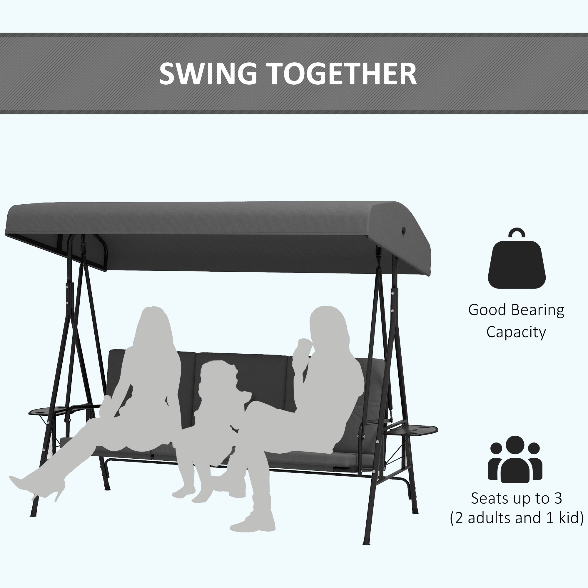 3-Seat Outdoor Porch Swing Patio Swing with Adjustable Canopy, Side Tray, Removable Cushion for Garden, Poolside, Grey - Image 2
