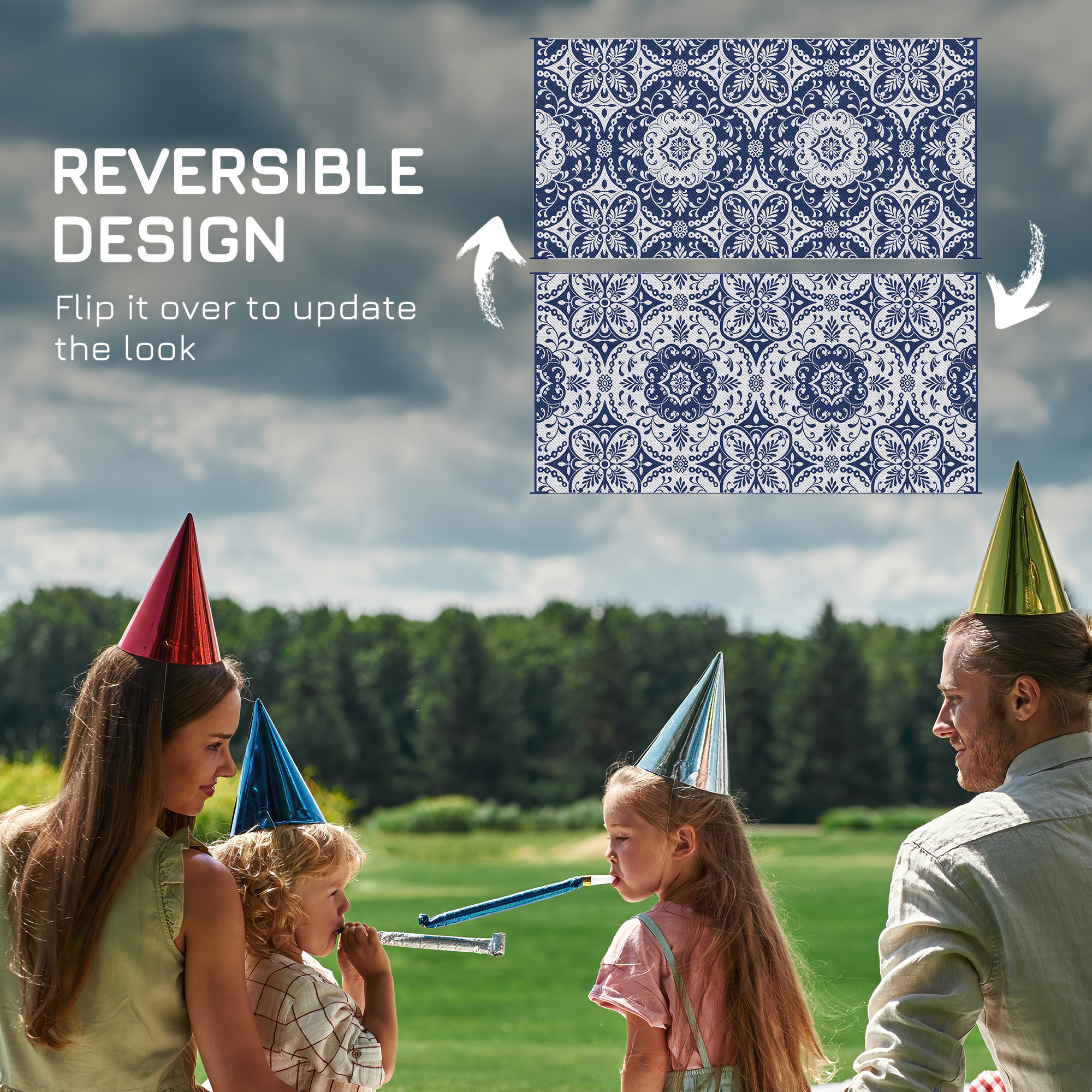 Portable Outdoor Rug with Carry Bag, 9' x 18' Reversible Mat, Waterproof Plastic Straw RV Rug for Backyard, Deck, Picnic, Beach, Camping, Blue & White Flower - Image 5