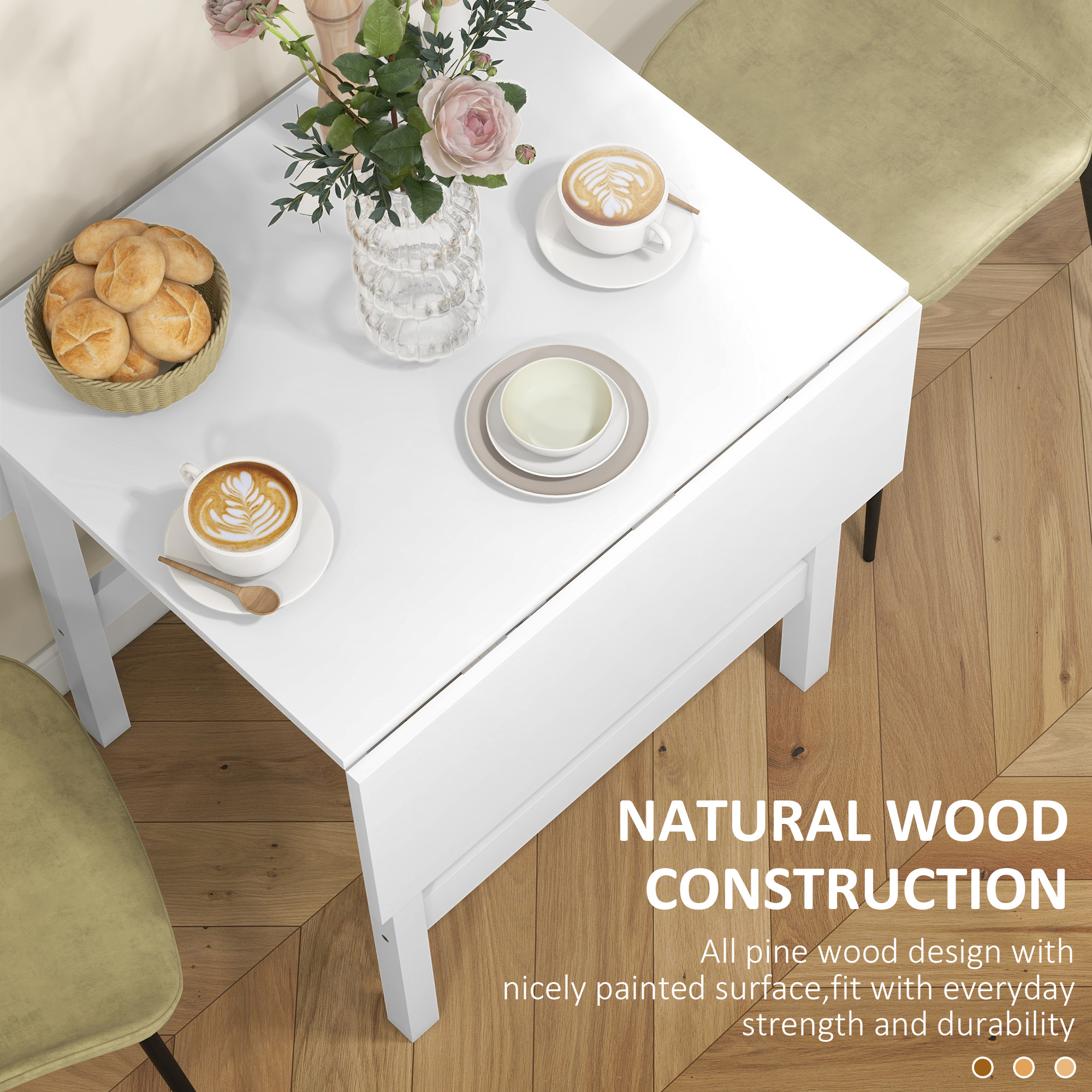 Solid Wood Kitchen Table, Farmhouse Drop Leaf Tables for Small Spaces, Folding Dining Table, for Up to 4 People, White - Image 4