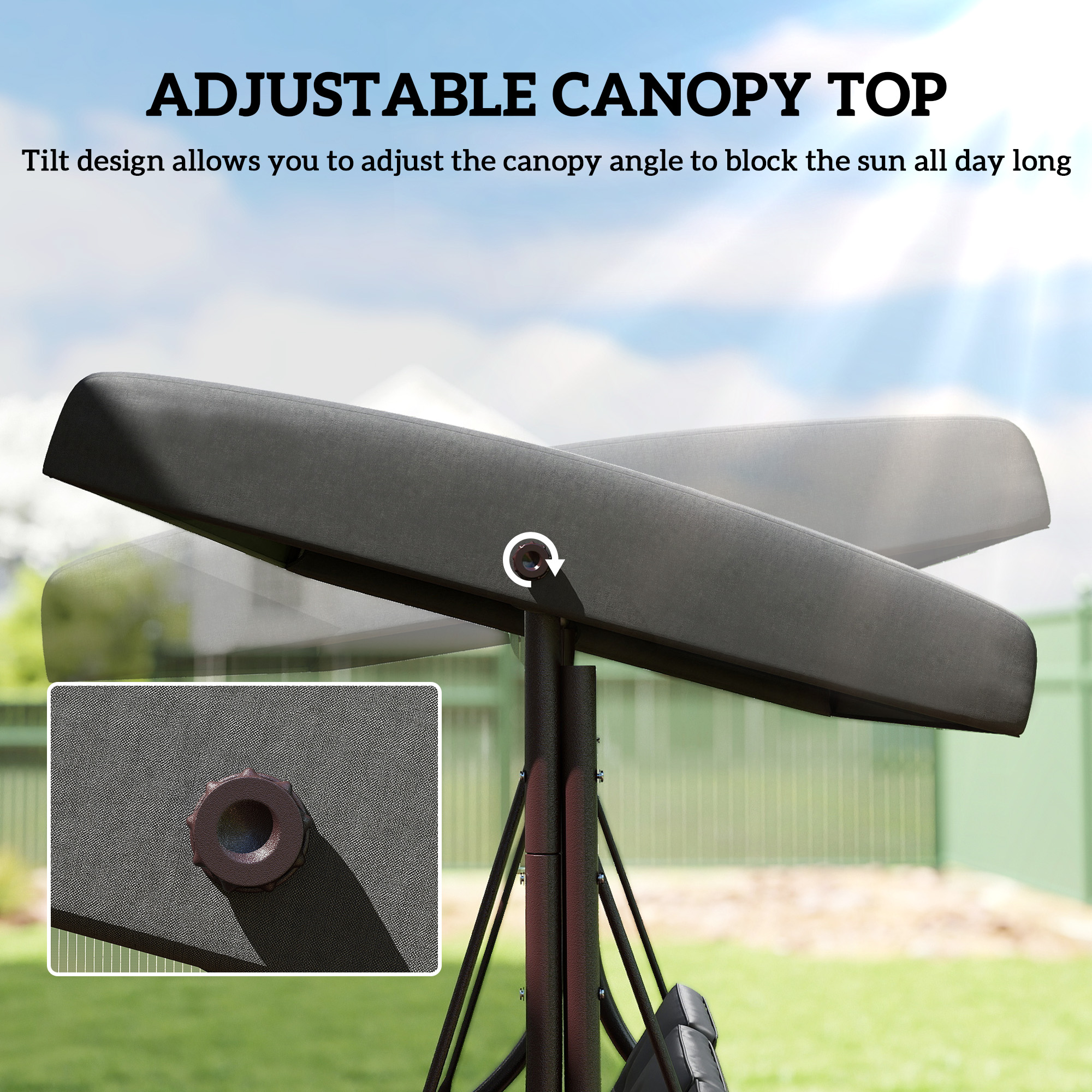 Convertible Patio Swing Bed with Canopy and Cushions, 3 Seater Porch Swing for Outdoor, Backyard, Garden, Dark Grey - Image 3
