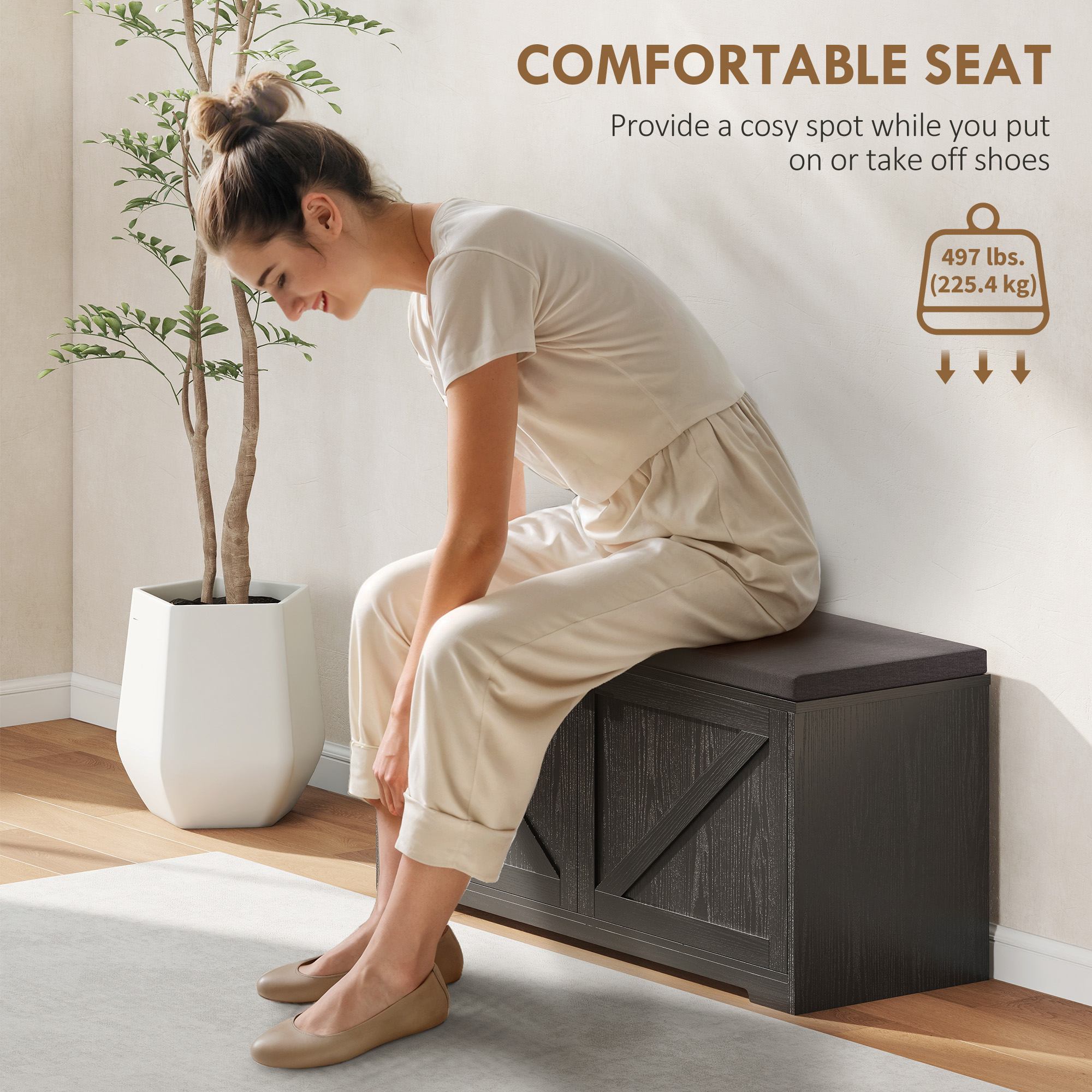 Shoe Storage Bench with Padded Seat, Entryway Bench Holds up to 352 lb, Shoe Organizer, 8 Pairs, Black Wood Grain - Image 4