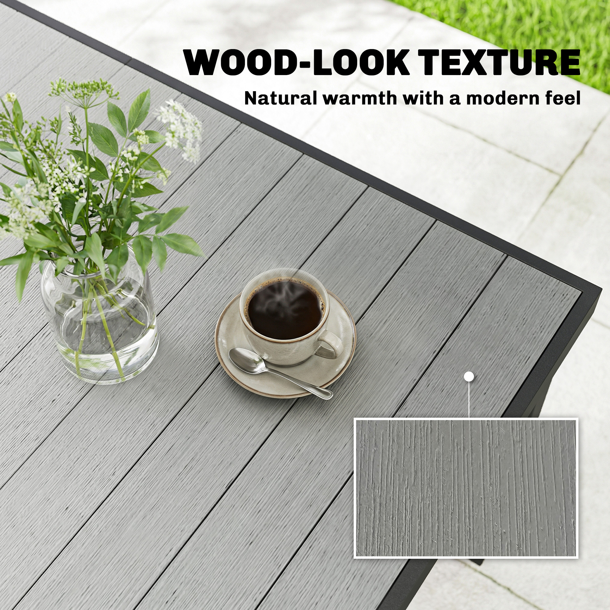 Rectangular Patio Table for 6, Outdoor Dining Table with Wood-Plastic Composite Top and Steel Frame for Garden, Grey - Image 2