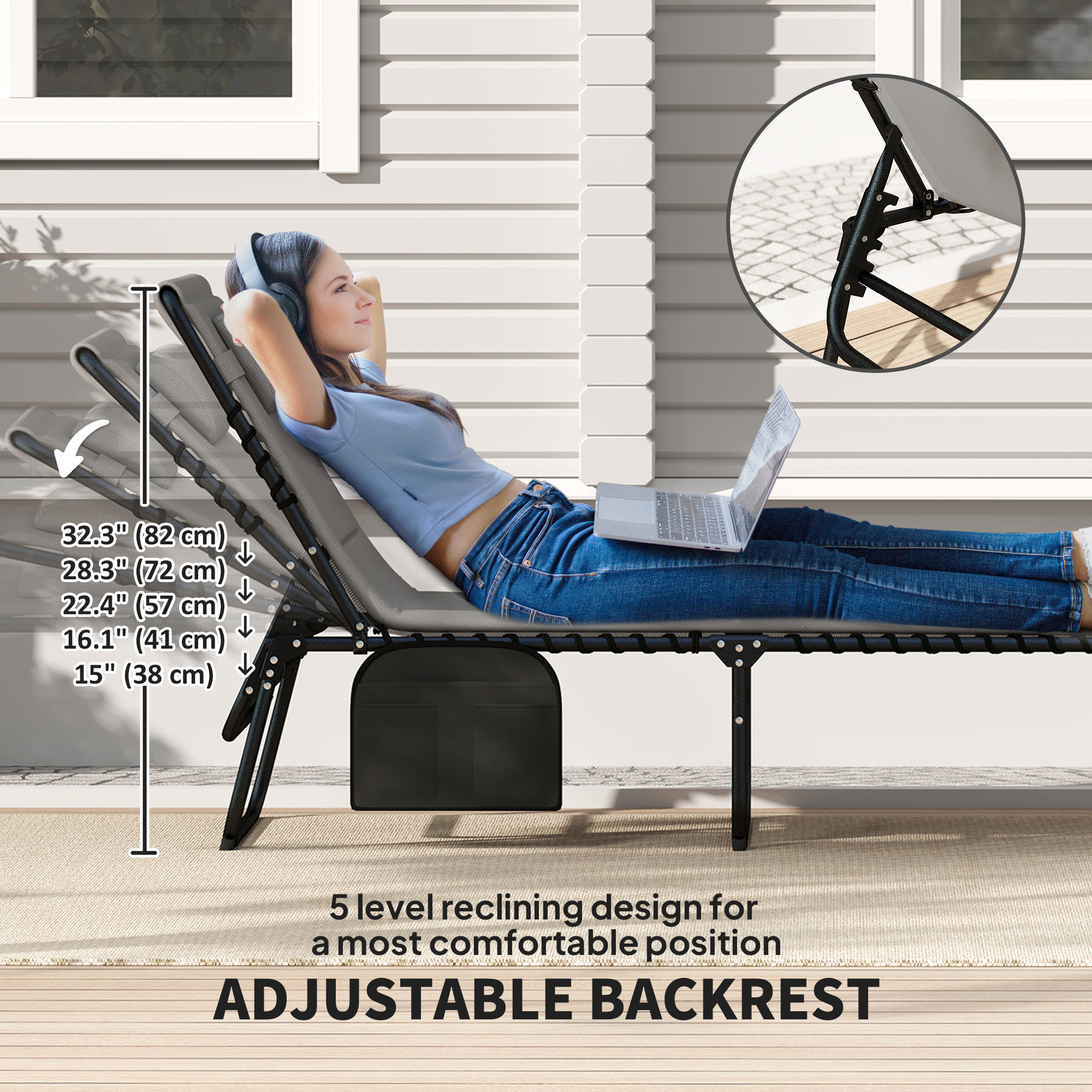 Folding Chaise Lounge Chair Set of 2, Reclining Outdoor Lounge Chair Set with Quick Drying Pad Headrest Side Pocket, Tanning Chair Set for Beach Garden Pool, Light Grey - Image 2