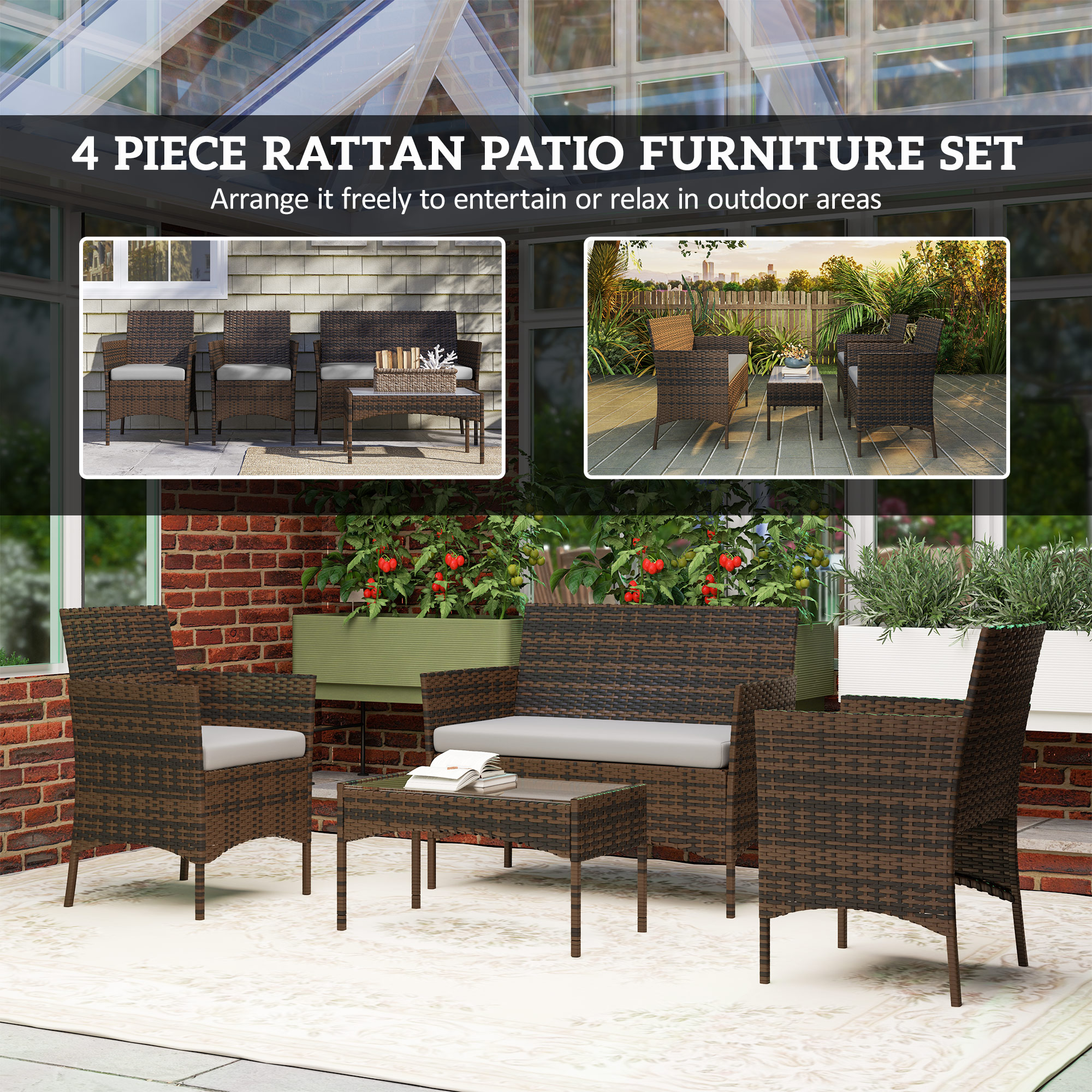 4 Pieces Wicker Outdoor Balcony Furniture Set Rattan Patio Furniture Set with Loveseat Chairs Glass Coffee Table Grey - Image 5