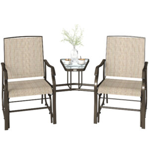 Double Patio Glider Chair with Glass Top Center Table, Outdoor Glider Loveseat with High Back, All Weather Breathable Mesh Fabric for Garden, Backyard, Deck, Light Brown