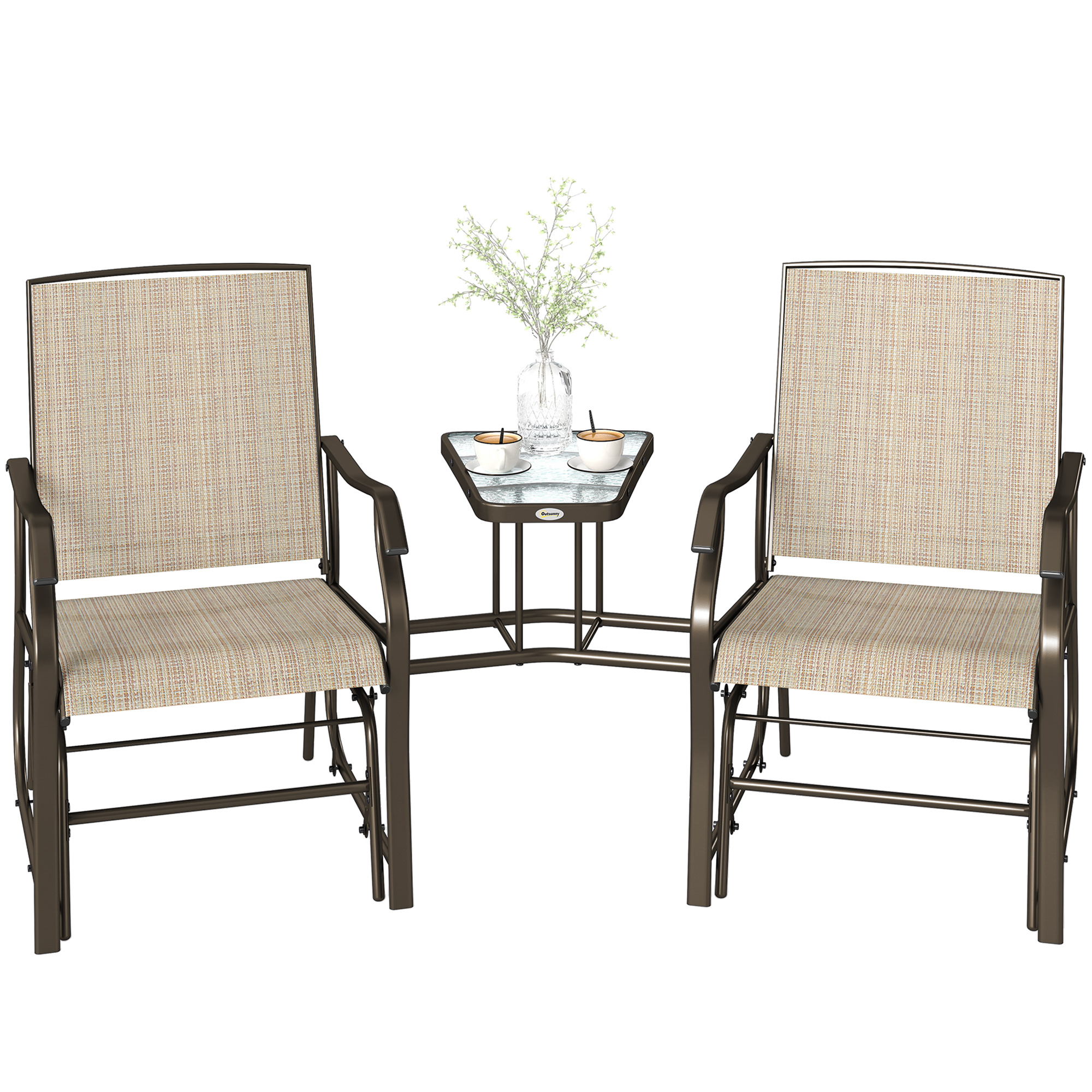 Double Patio Glider Chair with Glass Top Center Table, Outdoor Glider Loveseat with High Back, All Weather Breathable Mesh Fabric for Garden, Backyard, Deck, Light Brown