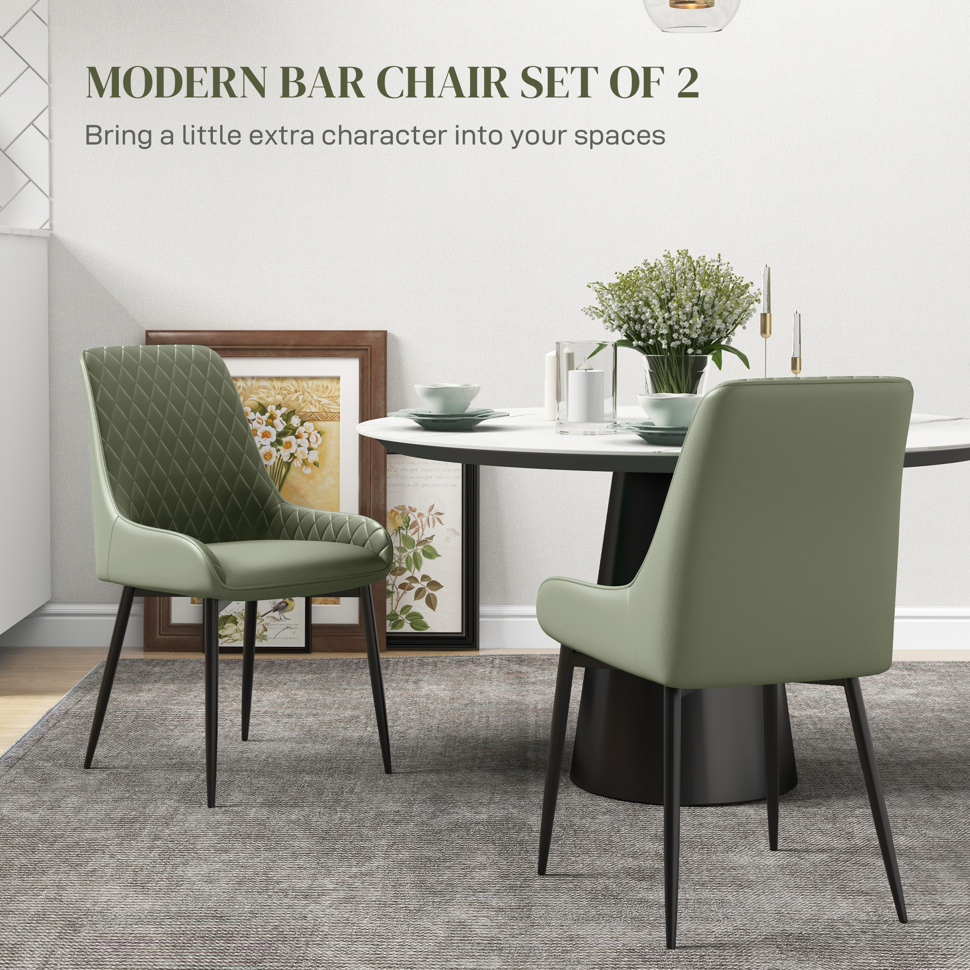 Upholstered Kitchen Chairs, Modern Dining Chairs Set of 2 with Diamond Tufting and Steel Legs for Dining Room, Green - Image 4