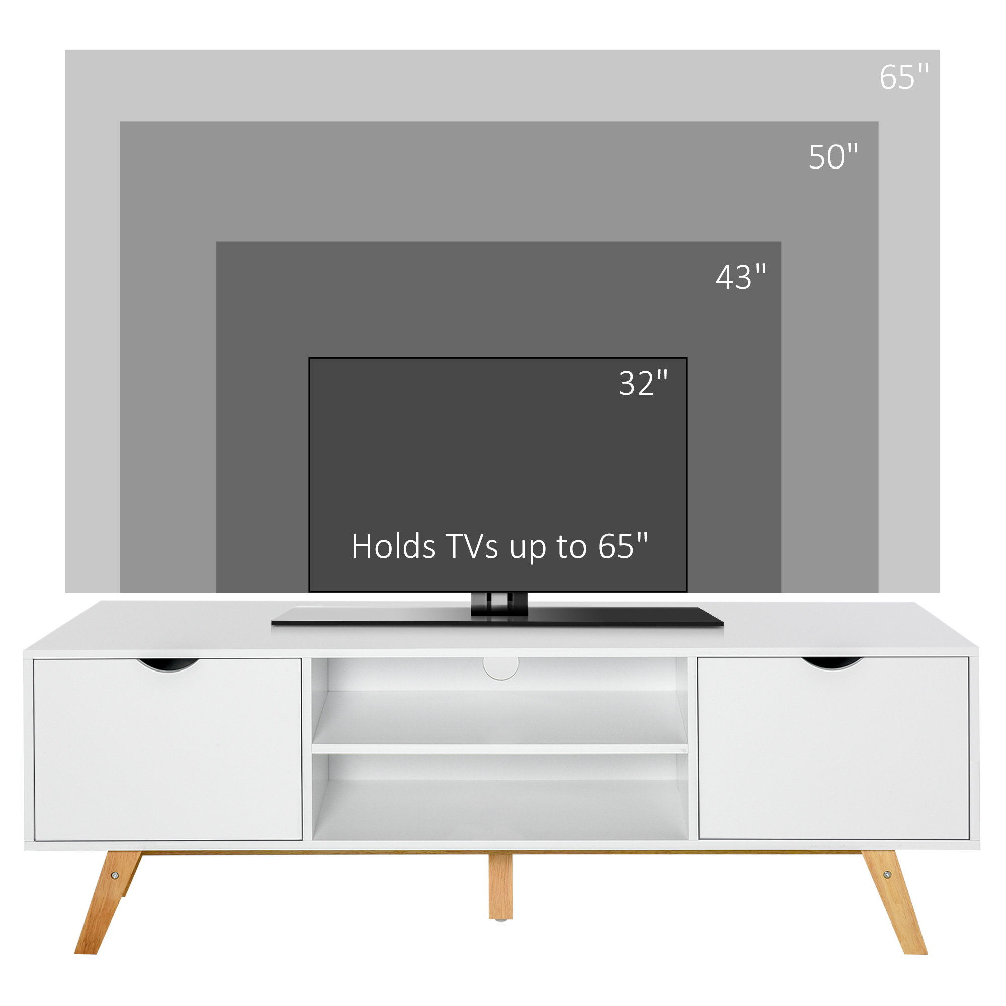 Modern Wooden TV Stand with 2 Storage Cabinet Stand for TV's up to 65" for Living Room Office, Storage Entertainment Center, White - Image 2